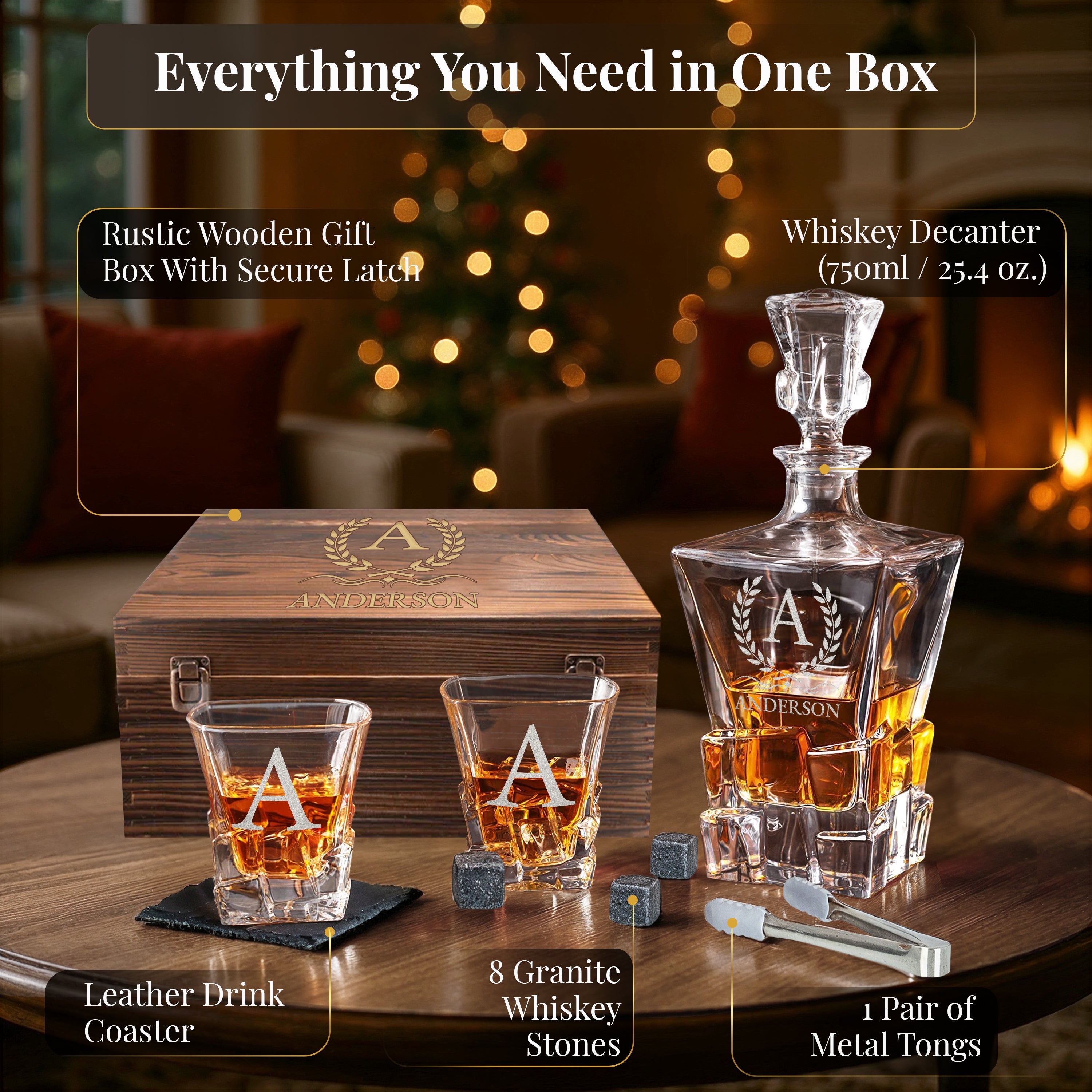 Custom Engraved Monogram Name Initial Icon Chunky Heavy Liquor/Bourbon Decanter with Glasses, Whiskey Stones, Coasters & Tongs, Premium Whiskey Gift Set for Men, Husband, Dad