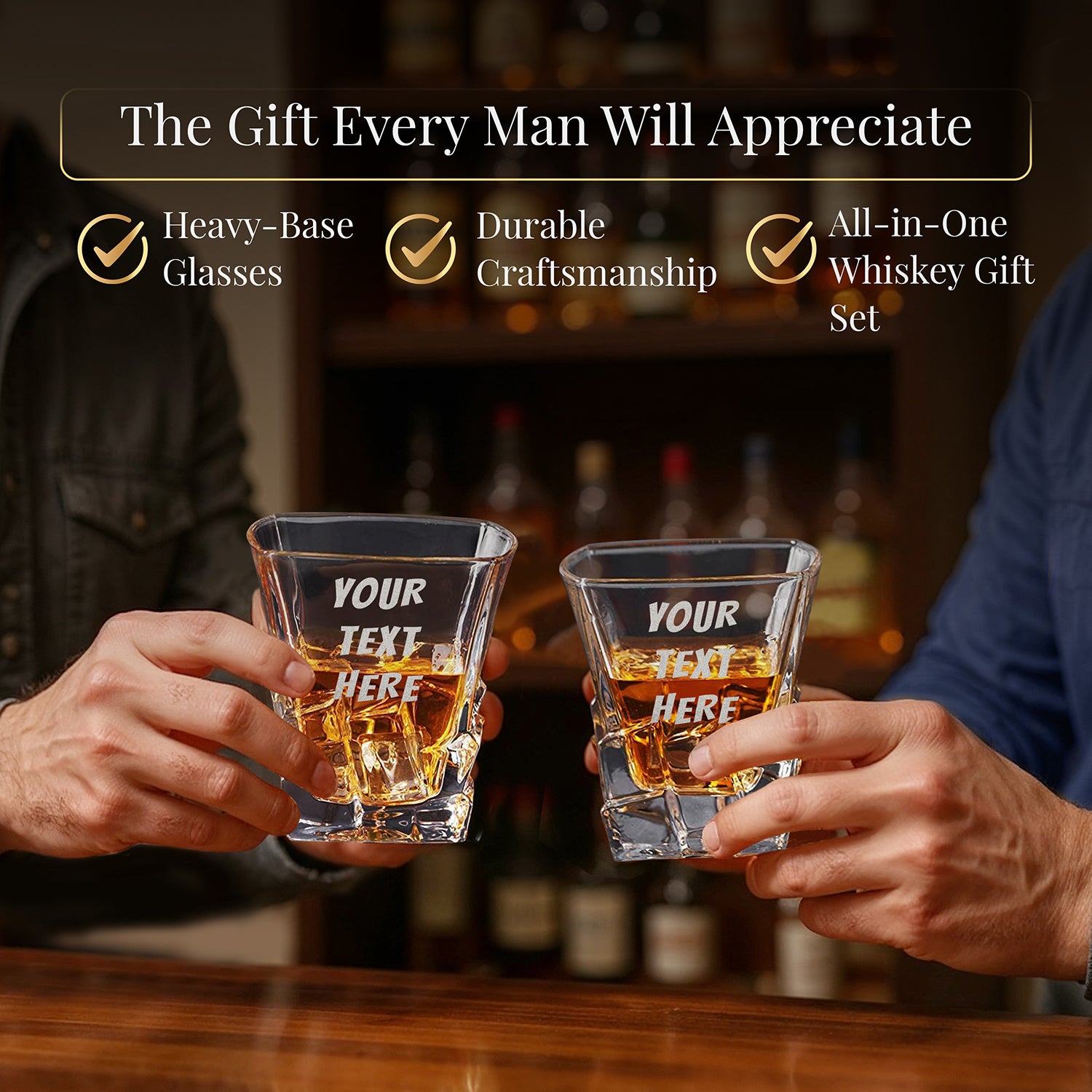 Custom Engraved Your Text Logo – Chunky Heavy Liquor/Bourbon Decanter with Glasses, Whiskey Stones, Coasters & Tongs, Premium Whiskey Gift Set for Men, Husband, Dad