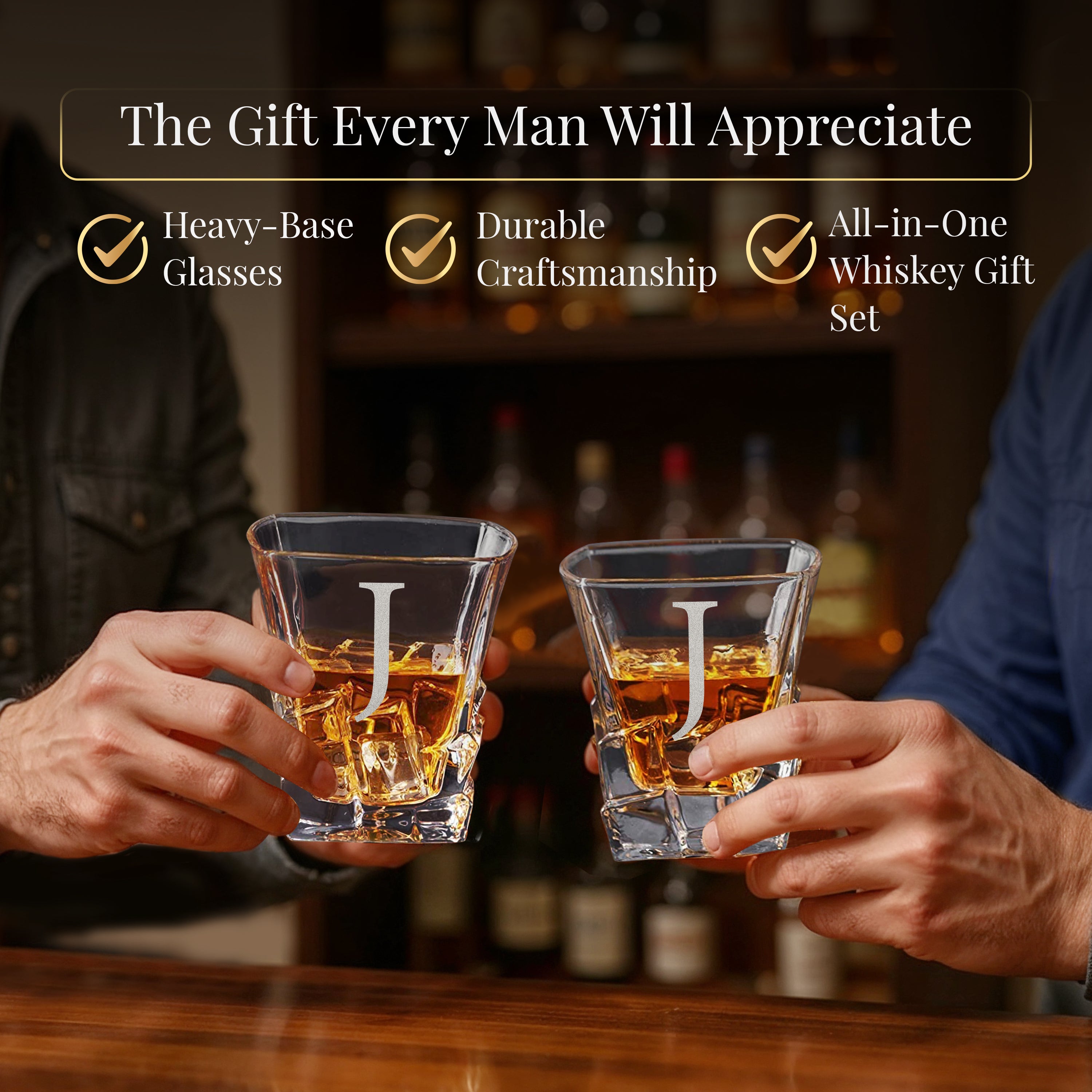 Custom Engraved Monogram Name Initial Icon Chunky Heavy Liquor/Bourbon Decanter with Glasses, Whiskey Stones, Coasters & Tongs, Premium Whiskey Gift Set for Men, Husband, Dad