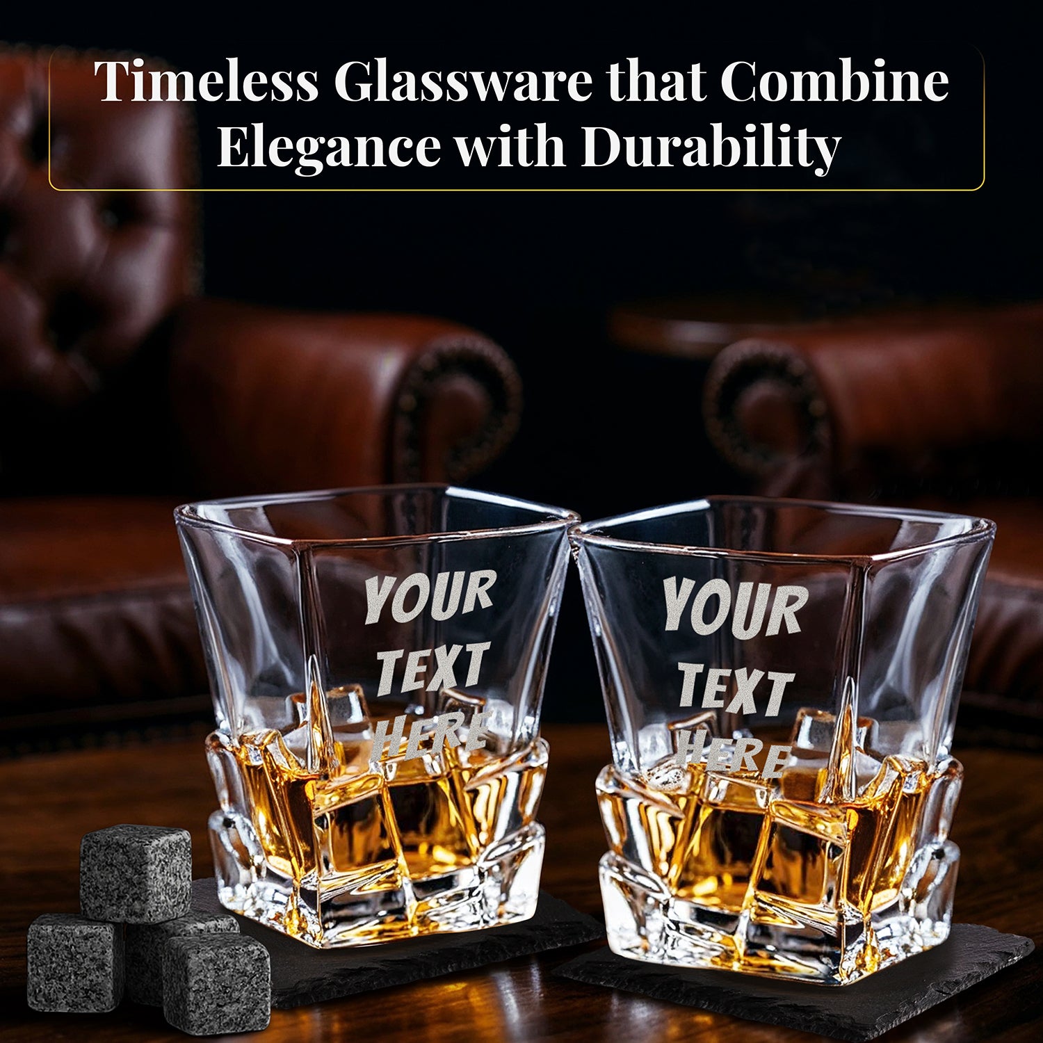 Custom Engraved Your Text Logo – Chunky Heavy Liquor/Bourbon Decanter with Glasses, Whiskey Stones, Coasters & Tongs, Premium Whiskey Gift Set for Men, Husband, Dad