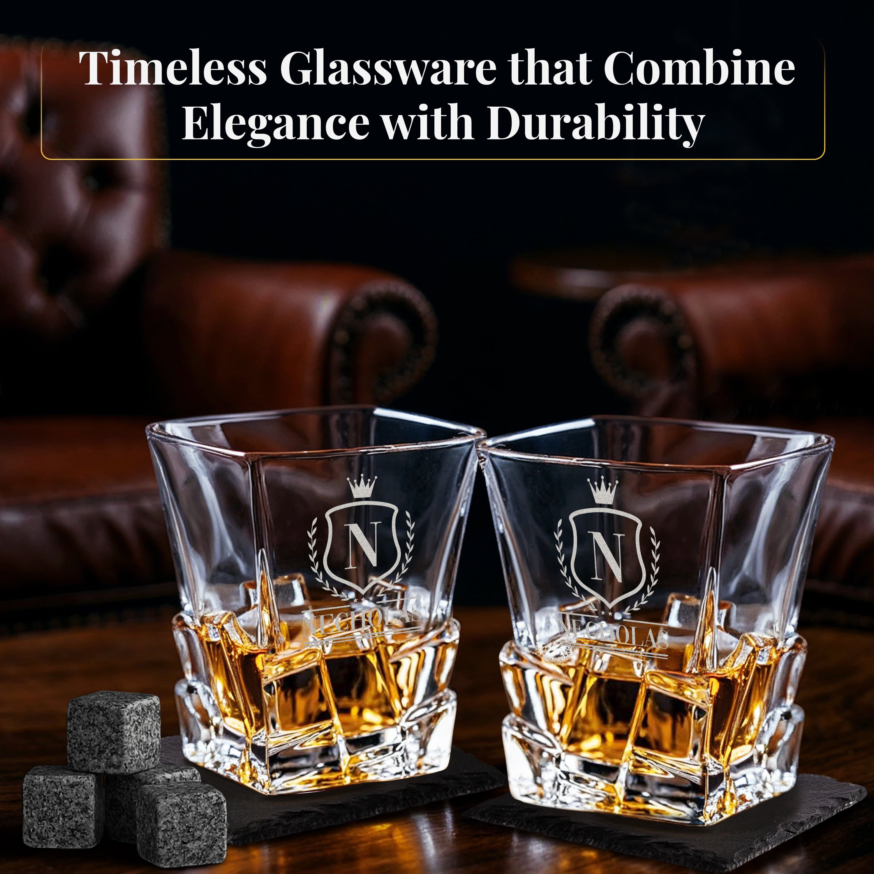 Custom Engraved Monogram 12 Options, Chunky Heavy Liquor/Bourbon Decanter with Glasses, Whiskey Stones, Coasters & Tongs, Premium Whiskey Gift Set for Men, Husband, Dad