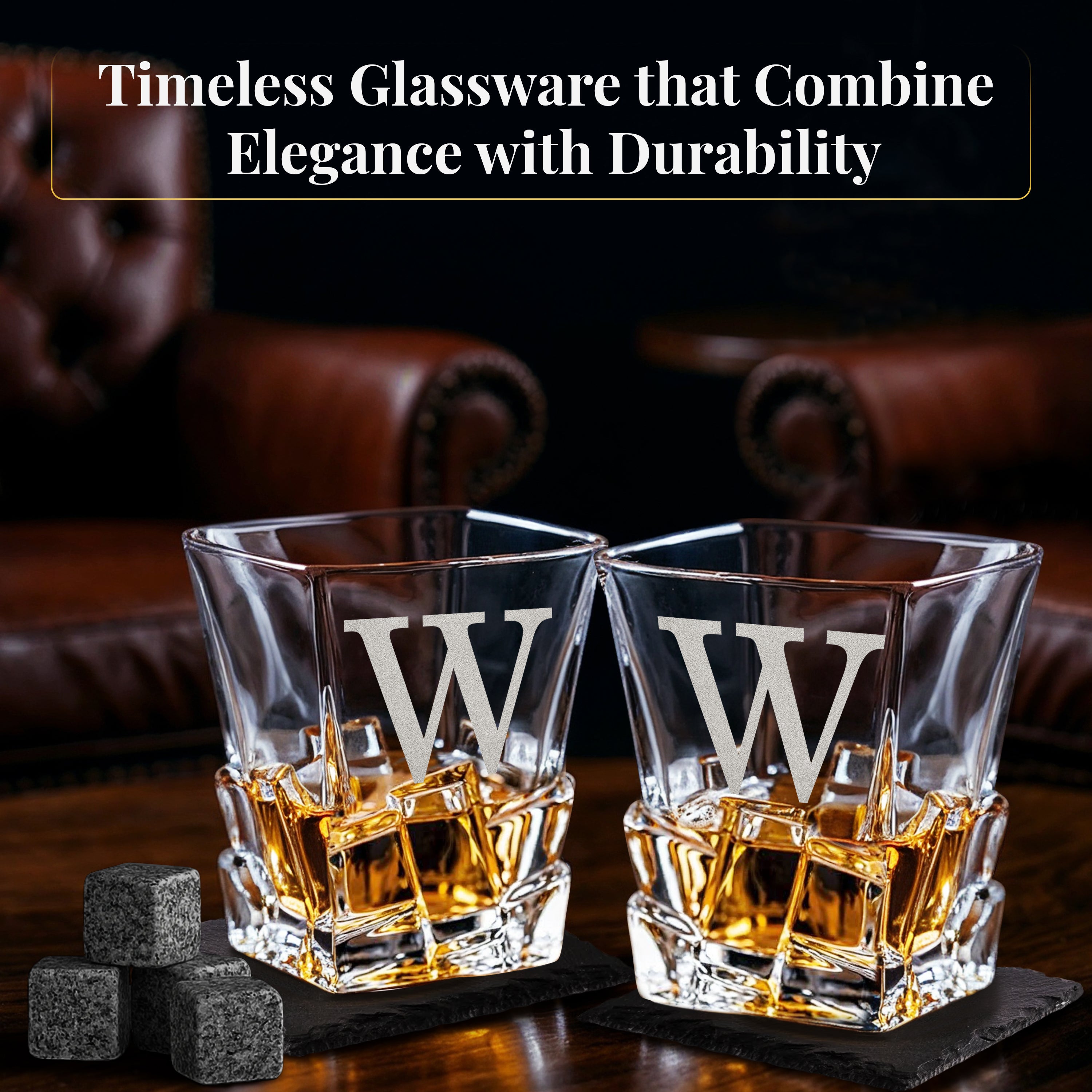 Custom Engraved Monogram Since Year Chunky Heavy Liquor/Bourbon Decanter with Glasses, Whiskey Stones, Coasters & Tongs, Premium Whiskey Gift Set for Men, Husband, Dad