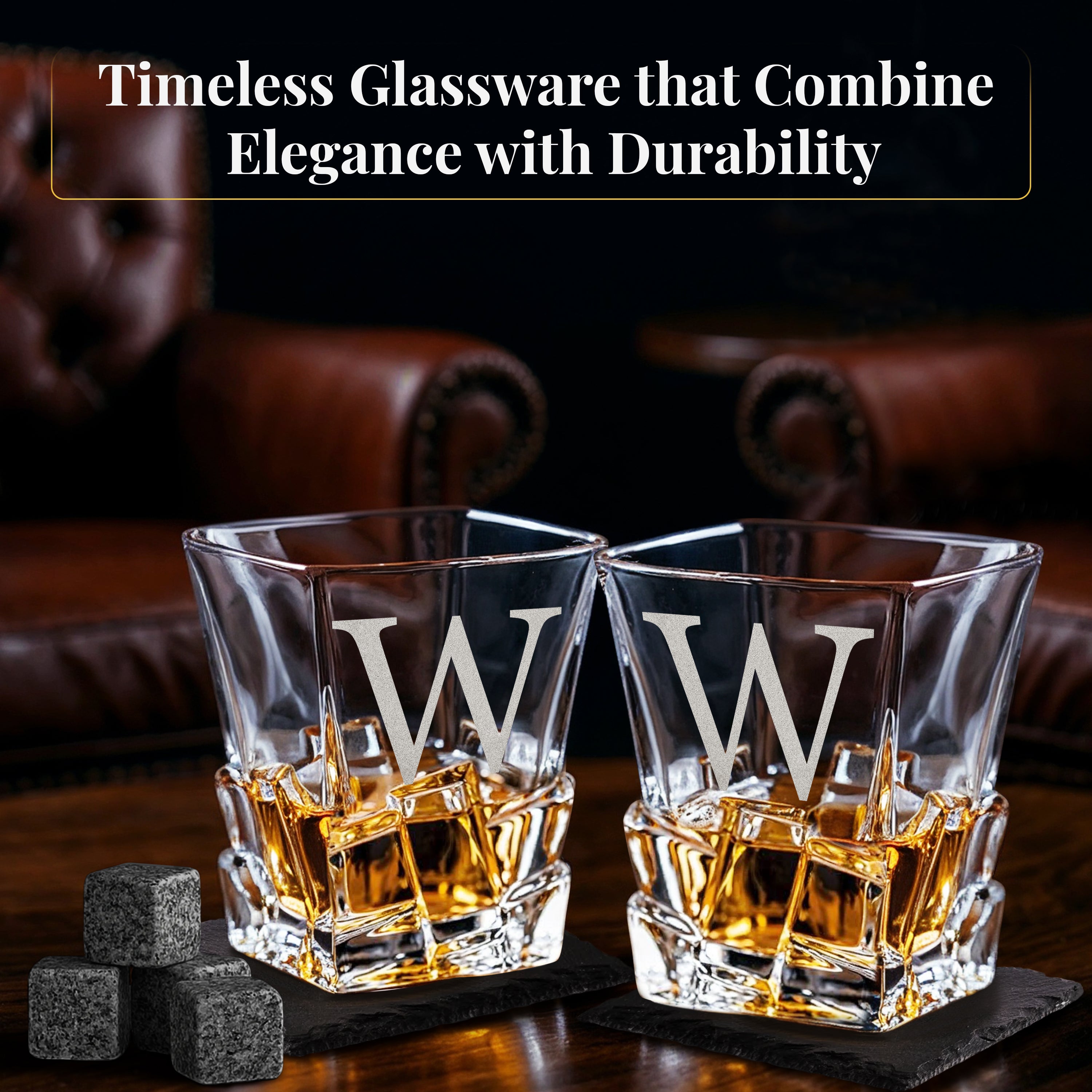 Custom Engraved Monogram Name Initial Icon Chunky Heavy Liquor/Bourbon Decanter with Glasses, Whiskey Stones, Coasters & Tongs, Premium Whiskey Gift Set for Men, Husband, Dad