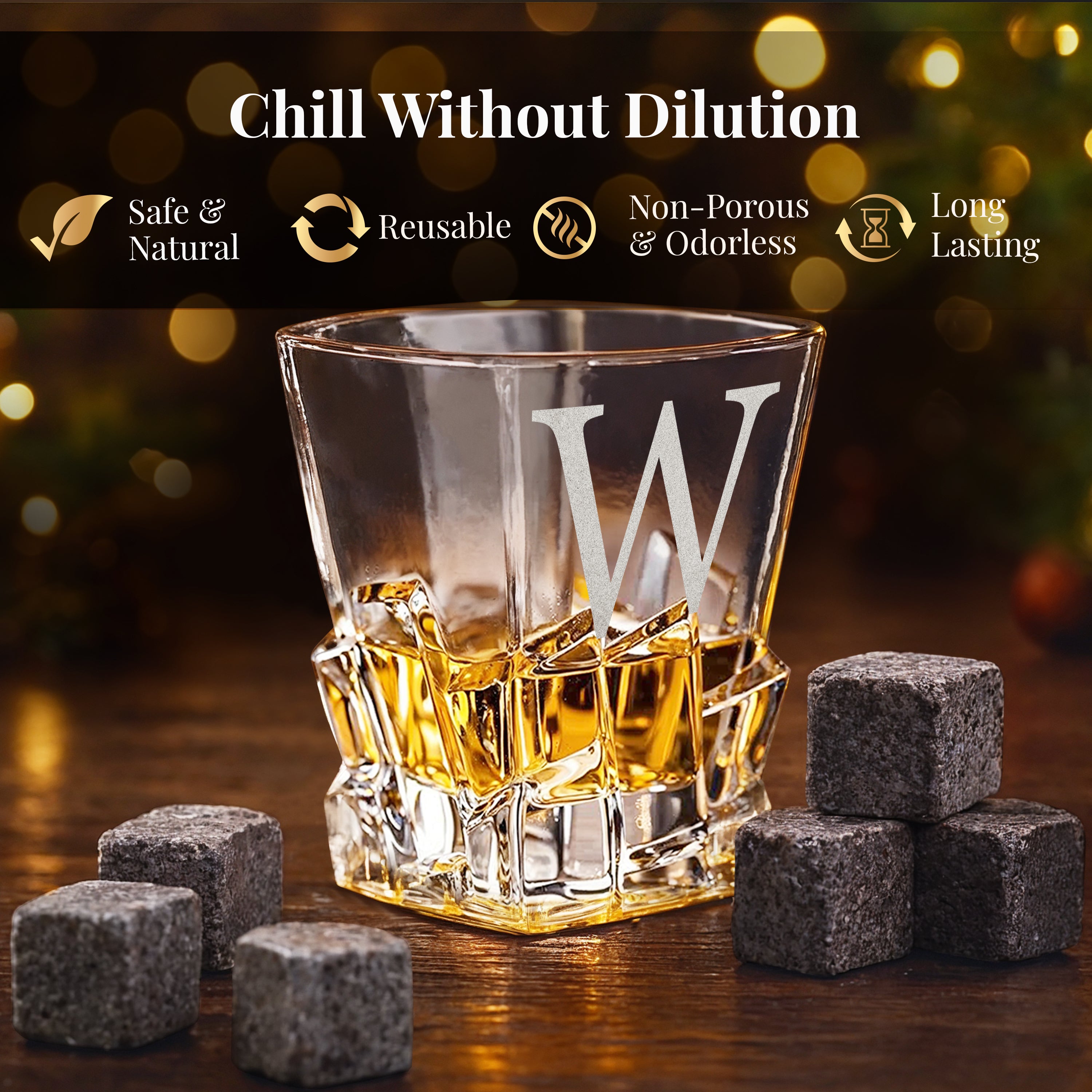 Custom Engraved Monogram Name Initial Icon Chunky Heavy Liquor/Bourbon Decanter with Glasses, Whiskey Stones, Coasters & Tongs, Premium Whiskey Gift Set for Men, Husband, Dad