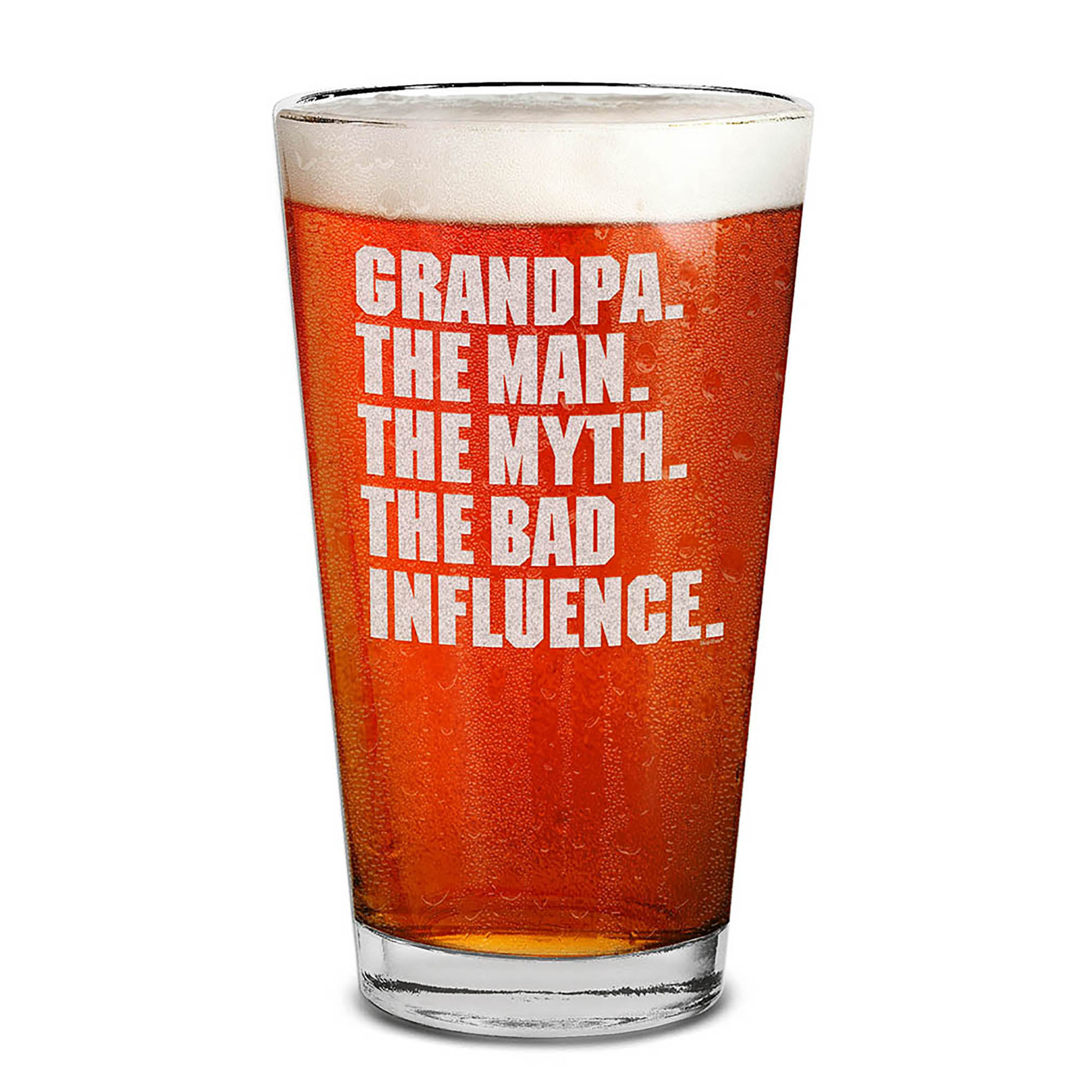 Grandpa. The Man. The Myth. The Bad Influence. Engraved Beer Pint Glass Grandpa Drinking Glass