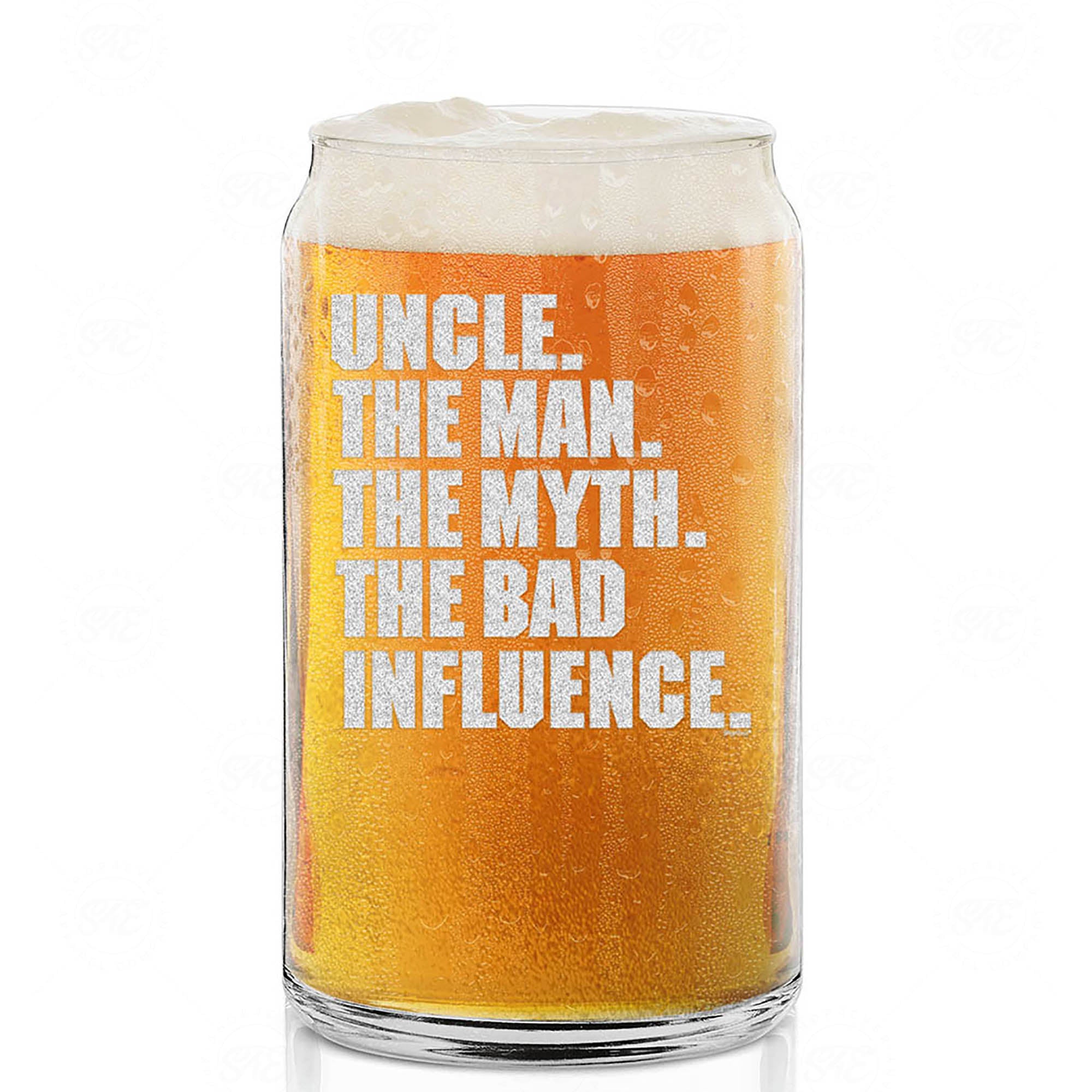 Uncle. The Man. The Myth. The Bad Influence. Engraved Beer Can Glass Funny Uncle Glass Gift