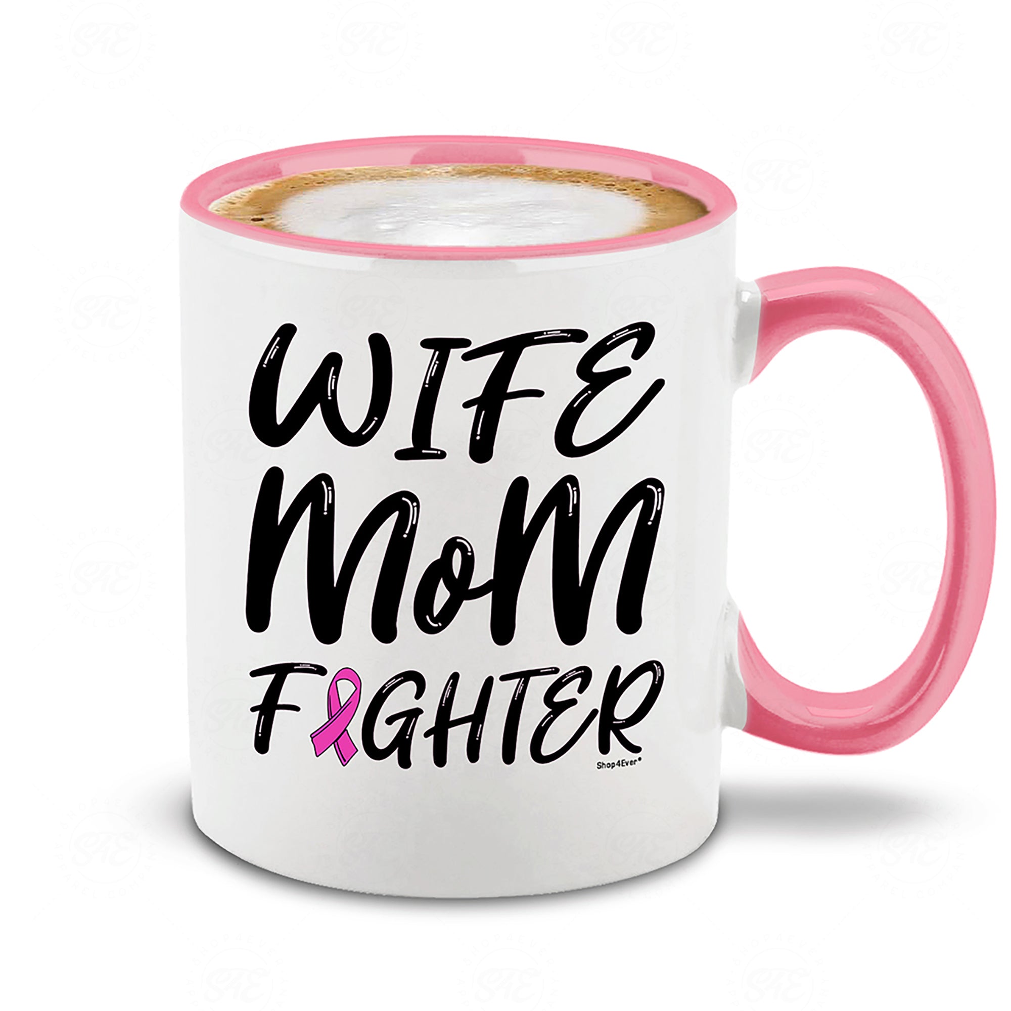 Wife Mom Fighter Pink Handle Ceramic Coffee Mug Tea Cup Pink Ribbon Breast Cancer Survivor Awareness