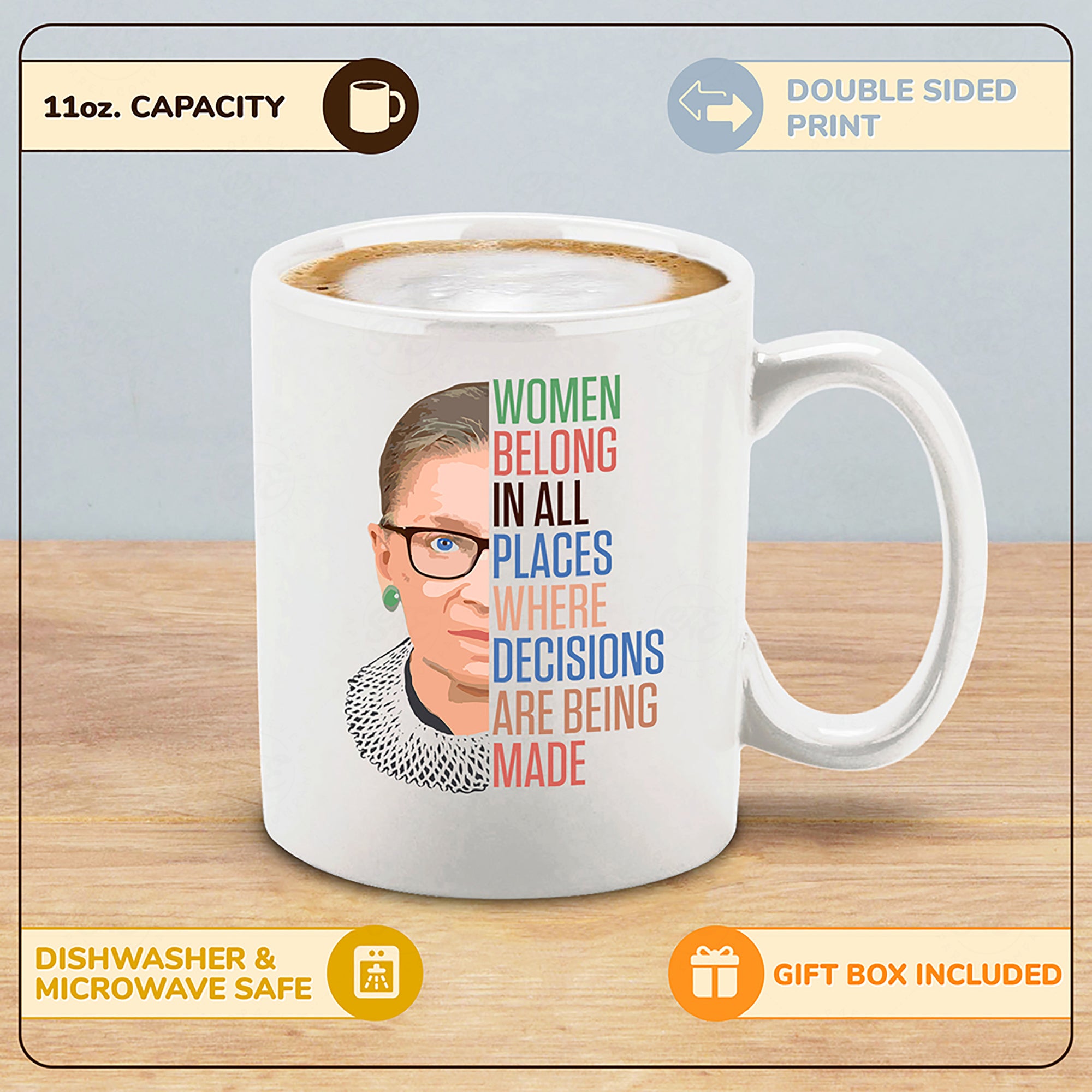 Women Belong In All Places Where Decisions Are Being Made Ceramic Coffee Mug Tea Cup RBG Gift Ruth Bader Ginsburg Mug (Colorful)