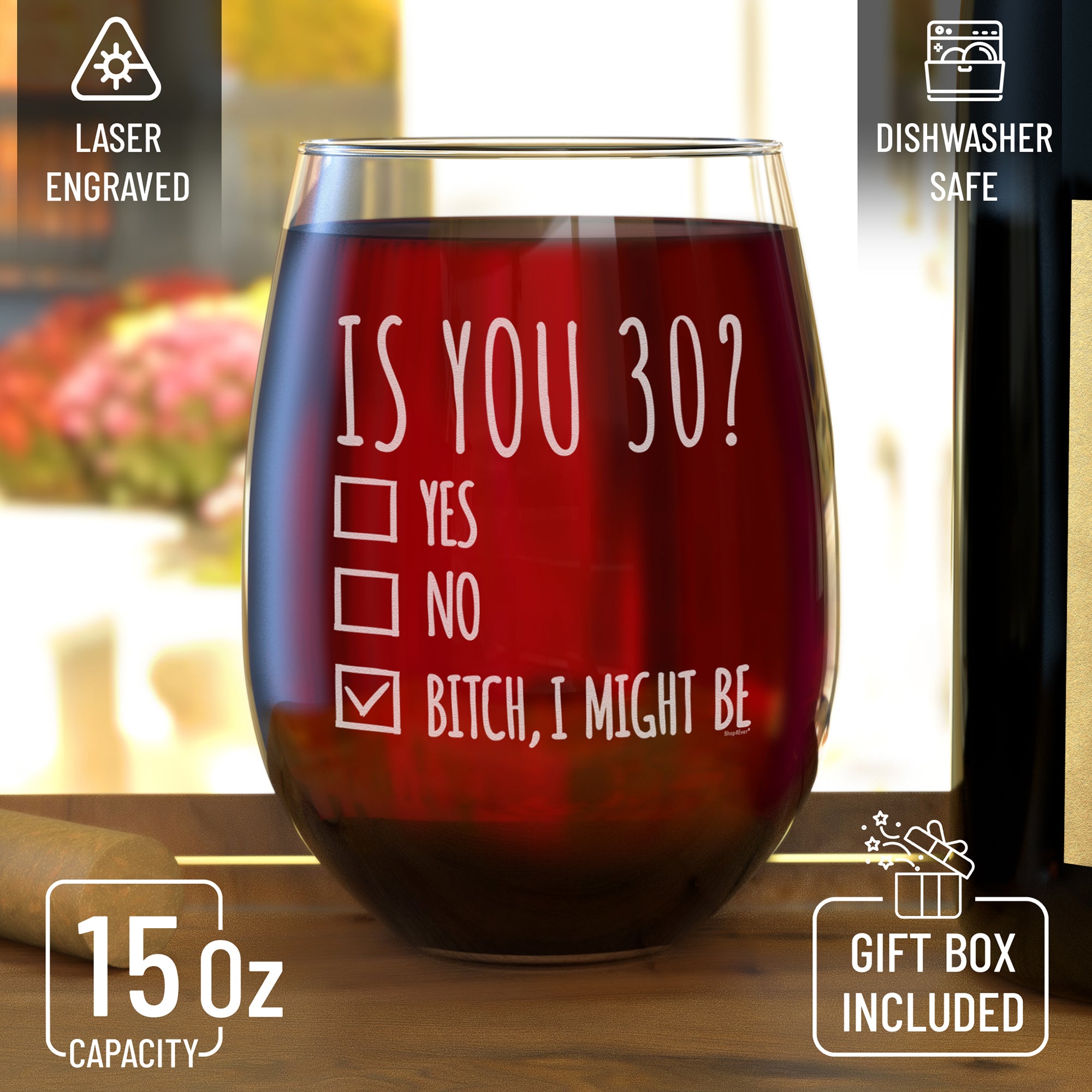 30th Birthday Wine Glass Gift for Women Is You 30? Yes No Engraved Stemless Wine Glass