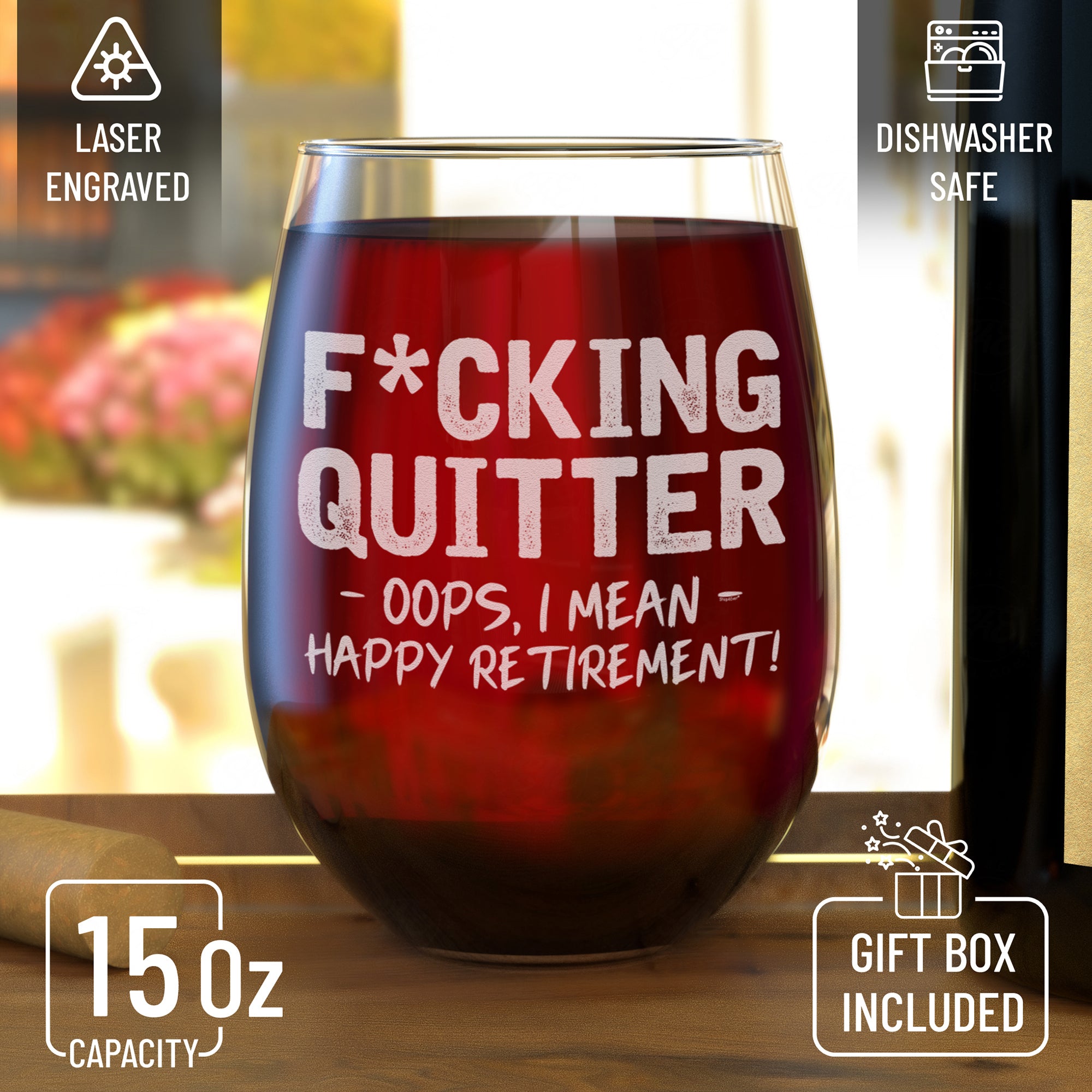 Quitter Oops, I Mean Happy Retirement! Engraved Stemless Wine Glass Funny Retirement Glass