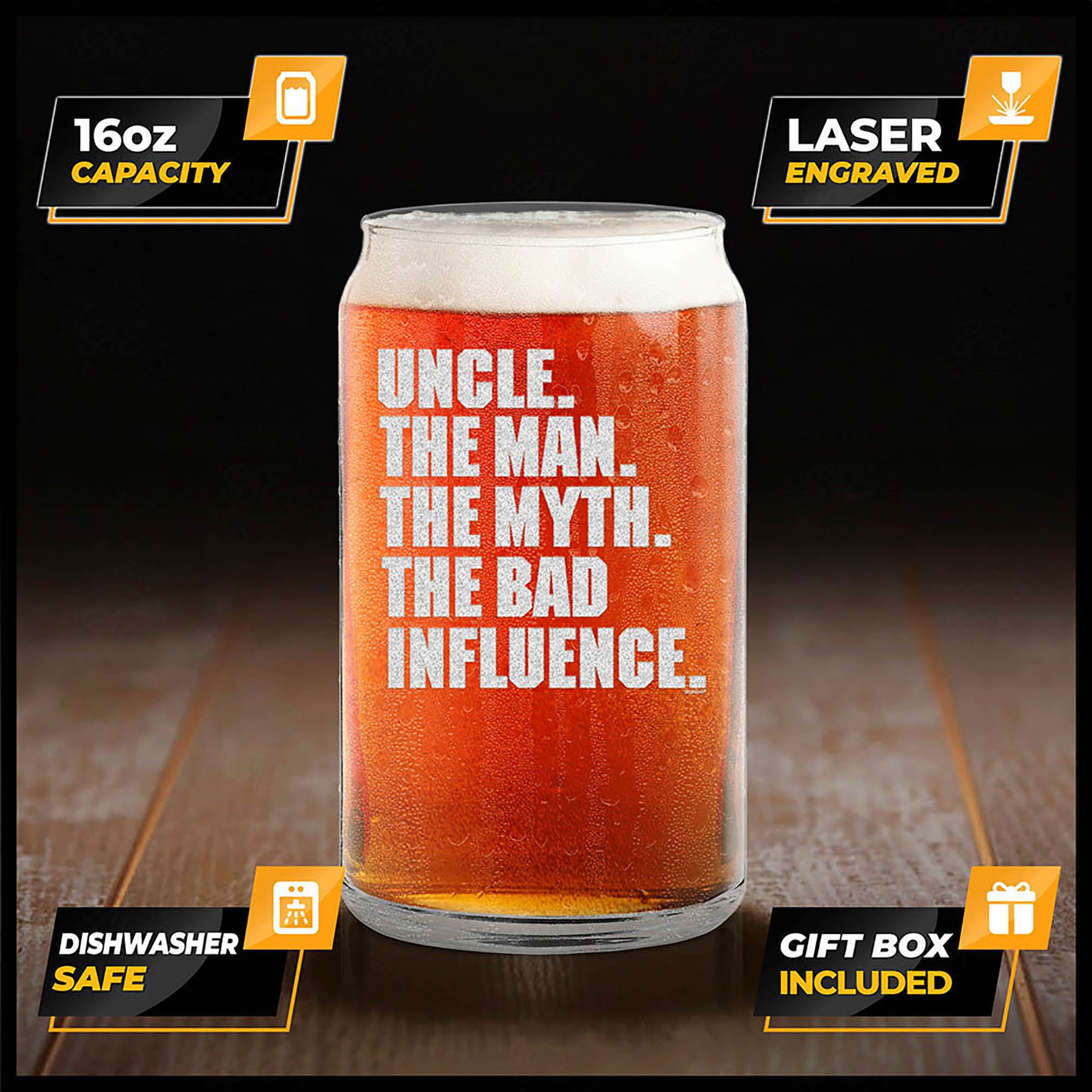 Uncle. The Man. The Myth. The Bad Influence. Engraved Beer Can Glass Funny Uncle Glass Gift