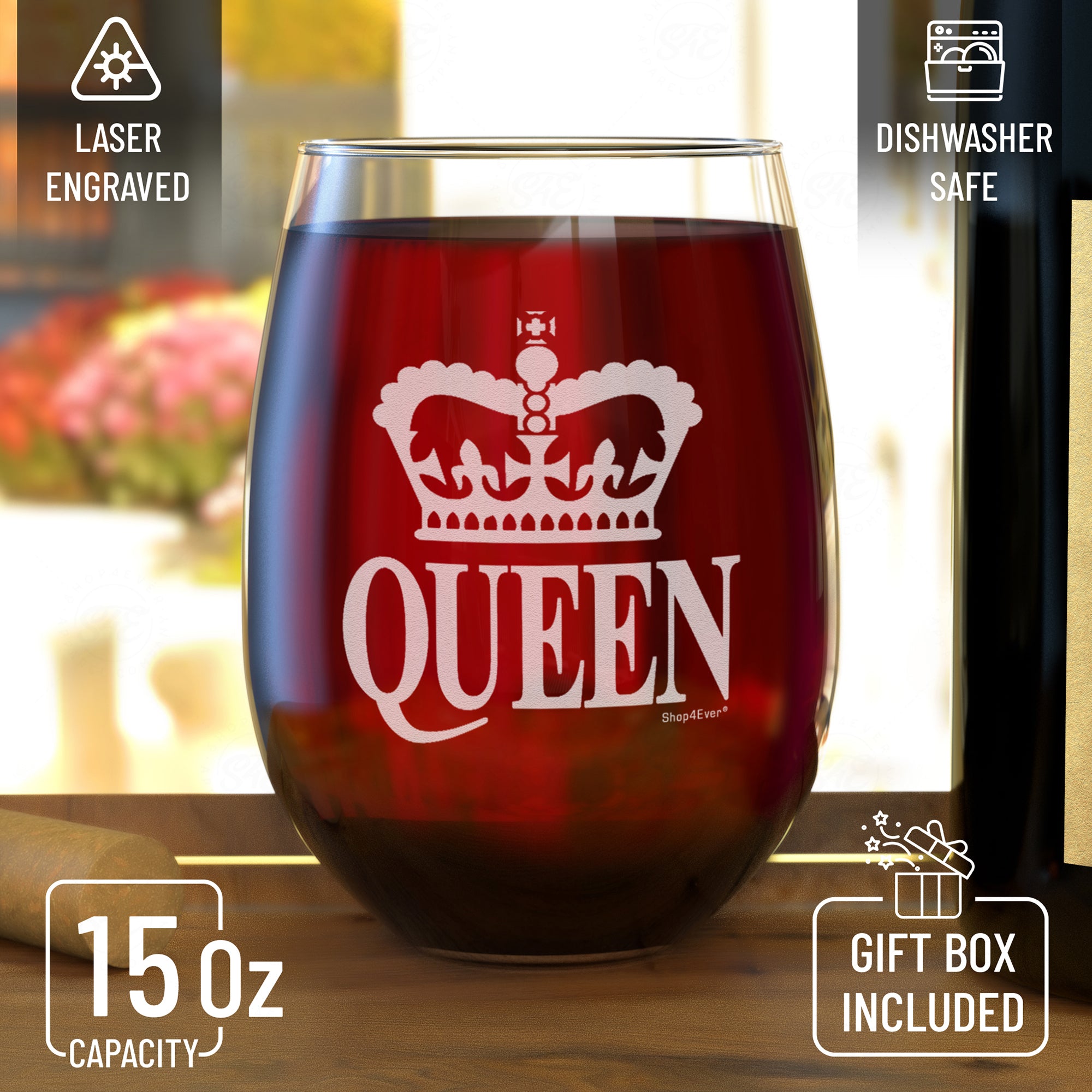 Crown Queen Laser Engraved Stemless Wine Glass