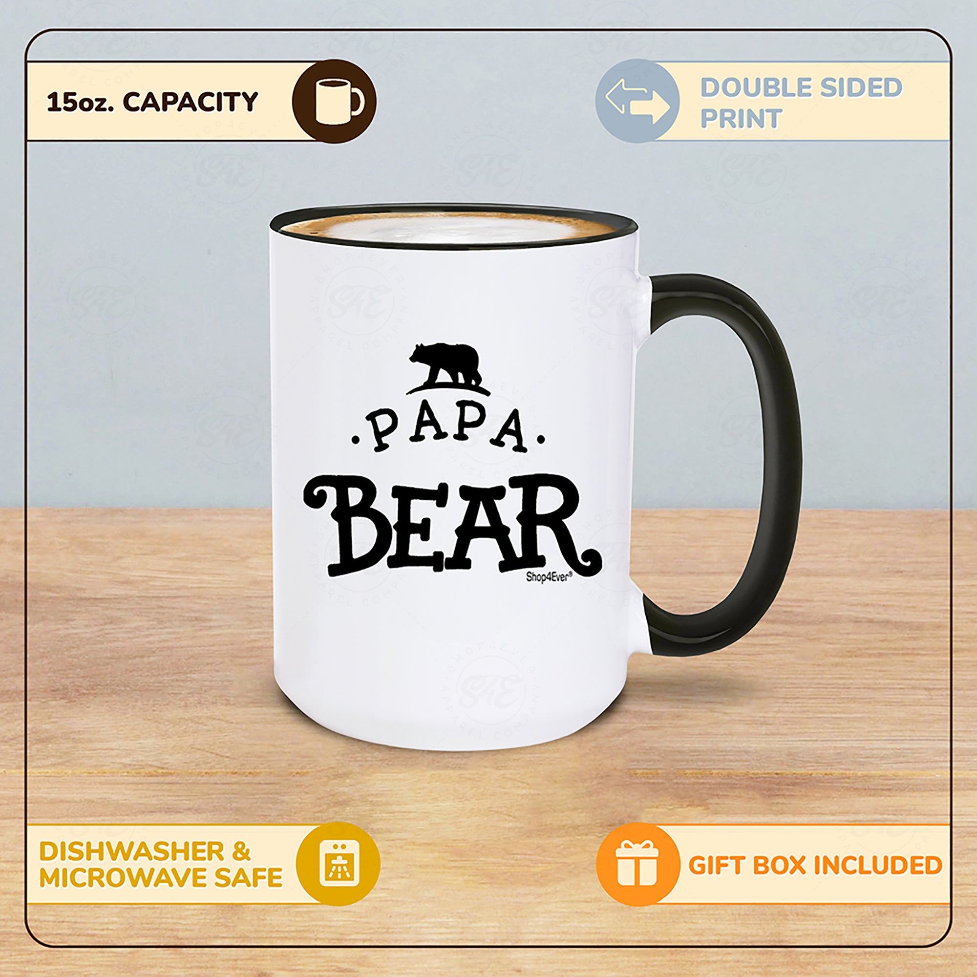 Papa Bear Ceramic Coffee Mug Black Handle Tea Cup 15 oz (Blk Handle)