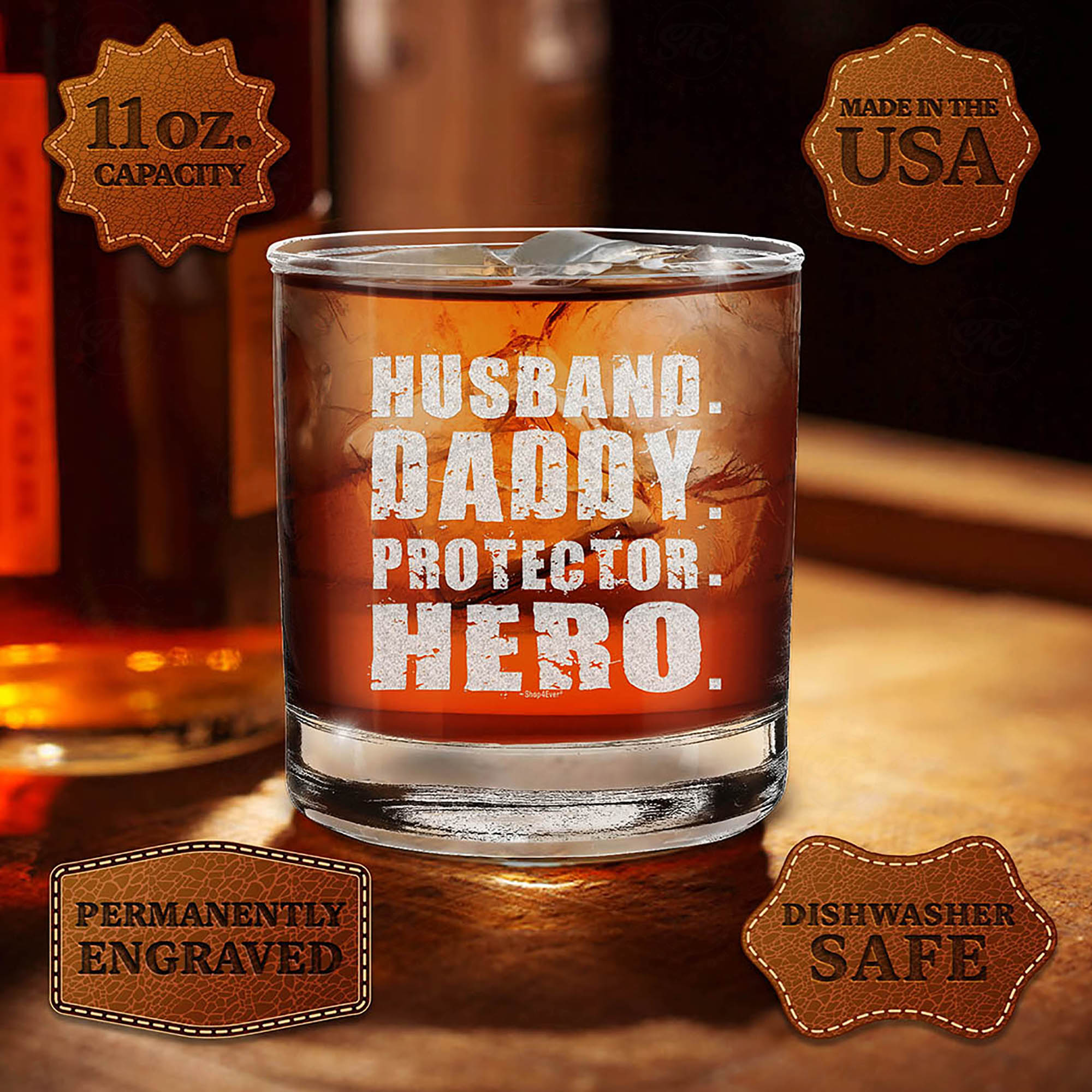 Husband Daddy Protector Hero Engraved Whiskey Glass