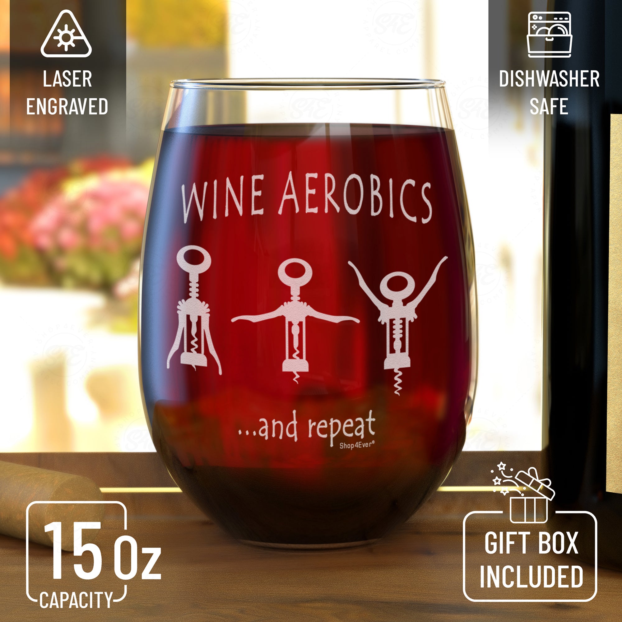 Funny Wine Glass Wine Aerobics Corkscrew Laser Engraved Stemless Wine –  Shop4Ever