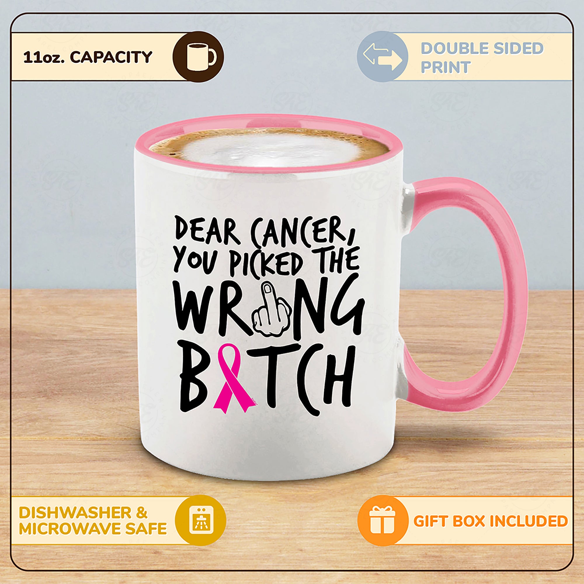 Dear Cancer, You Picked The Wrong Pink Ribbon Ceramic Coffee Mug Breast Cancer Fighter Warrior Mug (Pink Handle, 11 oz.)