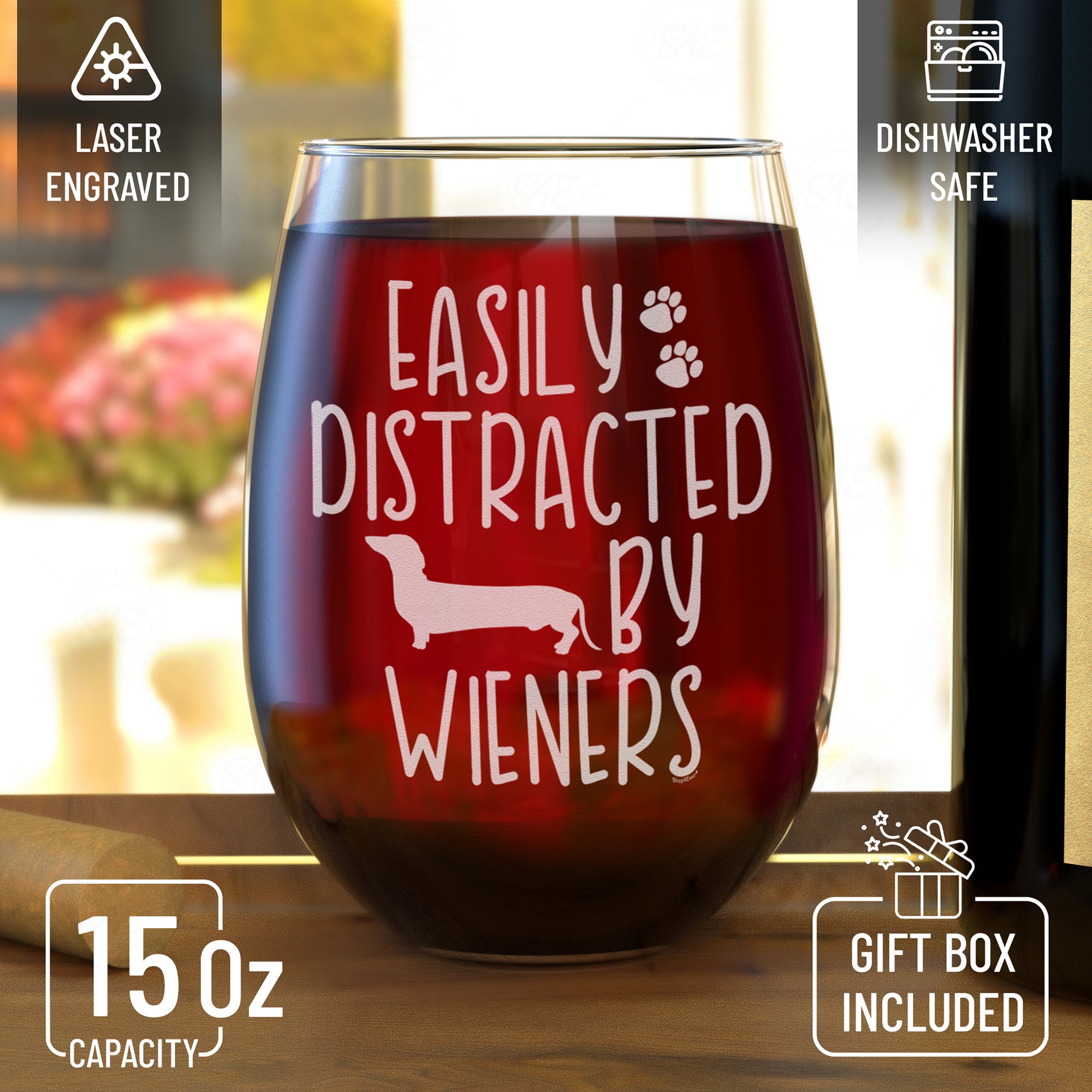 Easily Distracted By Engraved Stemless Wine Glass Funny Dachshund Weiner Dog Mom Gift