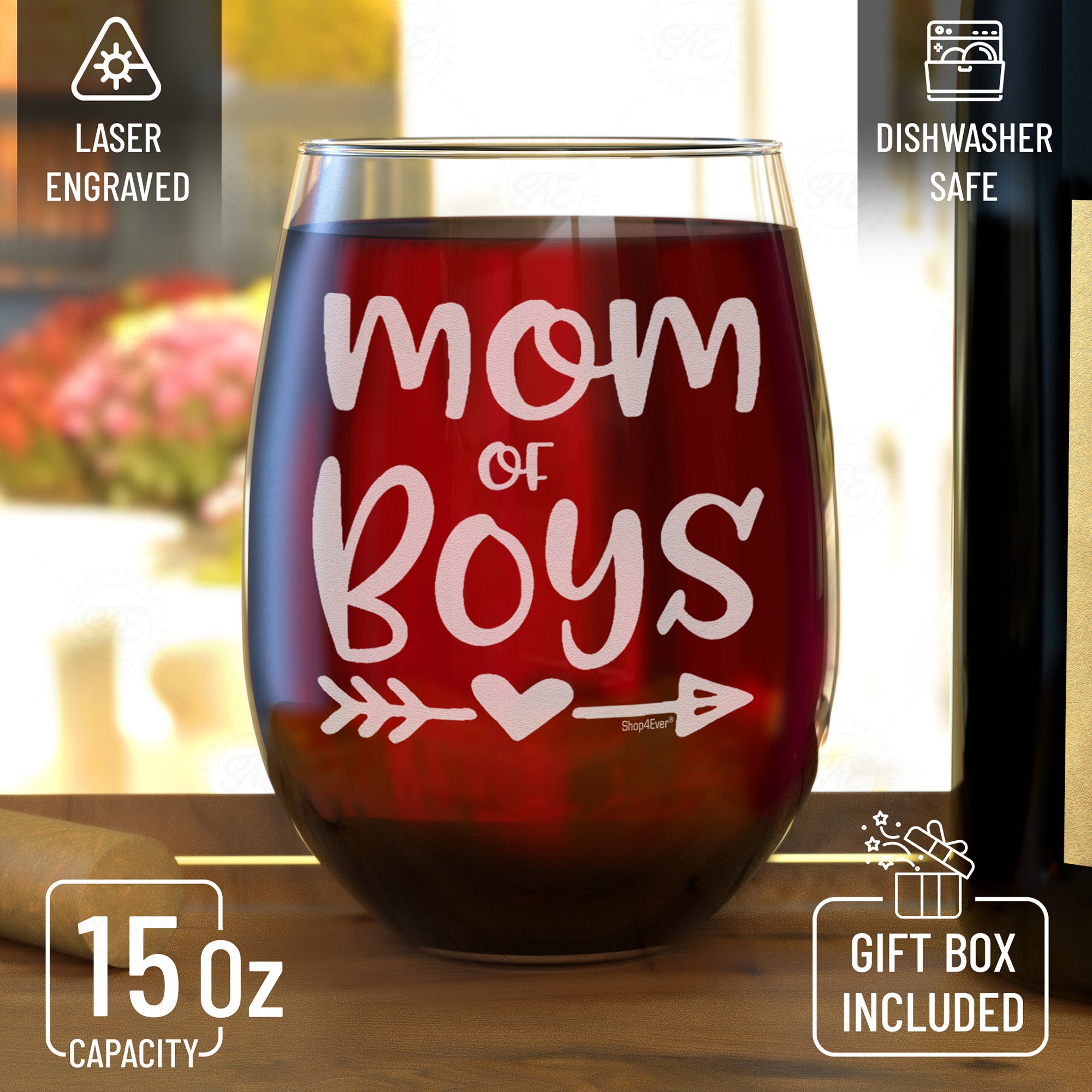 Mom Of Boys Laser Engraved Stemless Wine Glass Boy Mom Glass