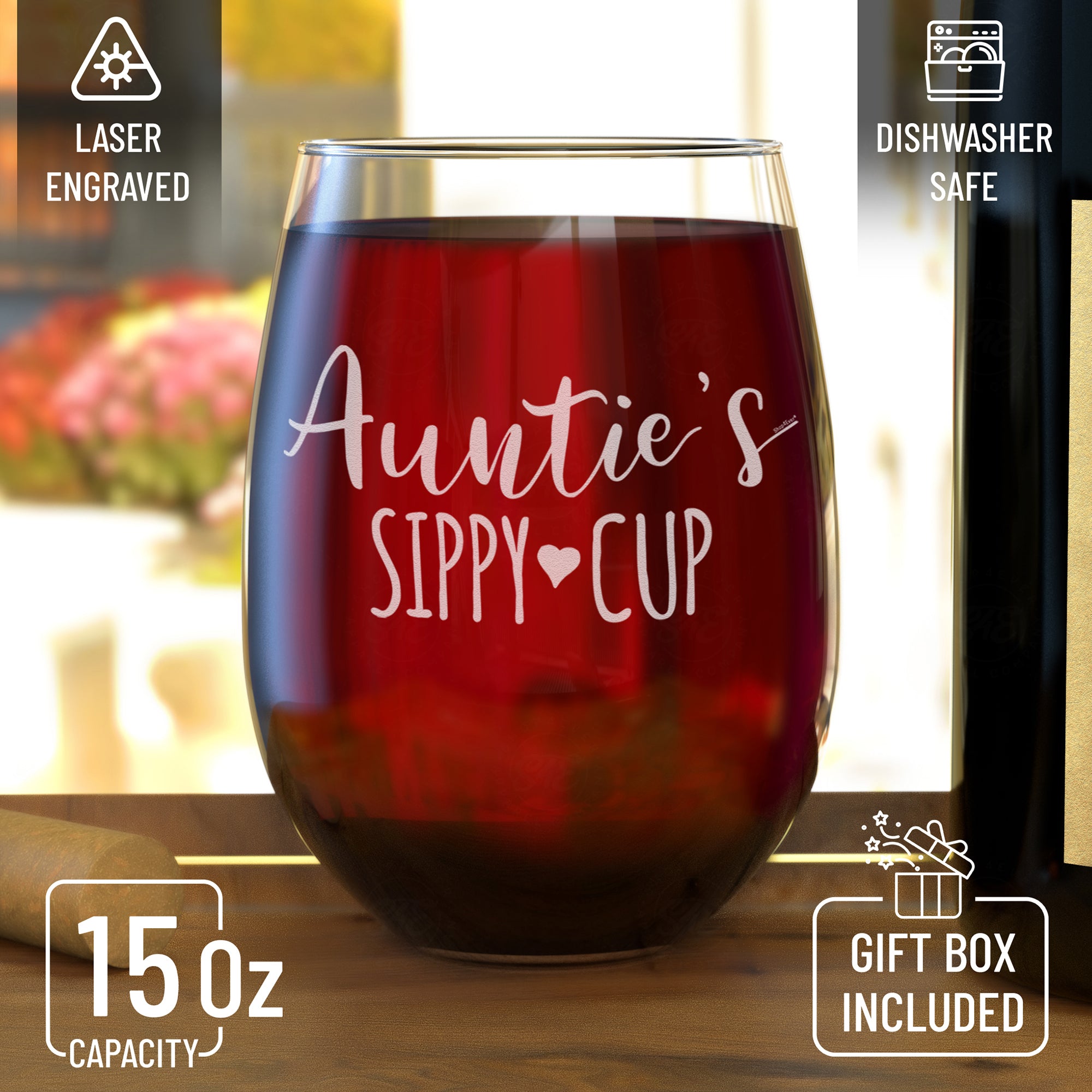 Auntie's Sippy Cup Engraved Stemless Wine Glass Promoted to Aunt New Auntie Wine Glass