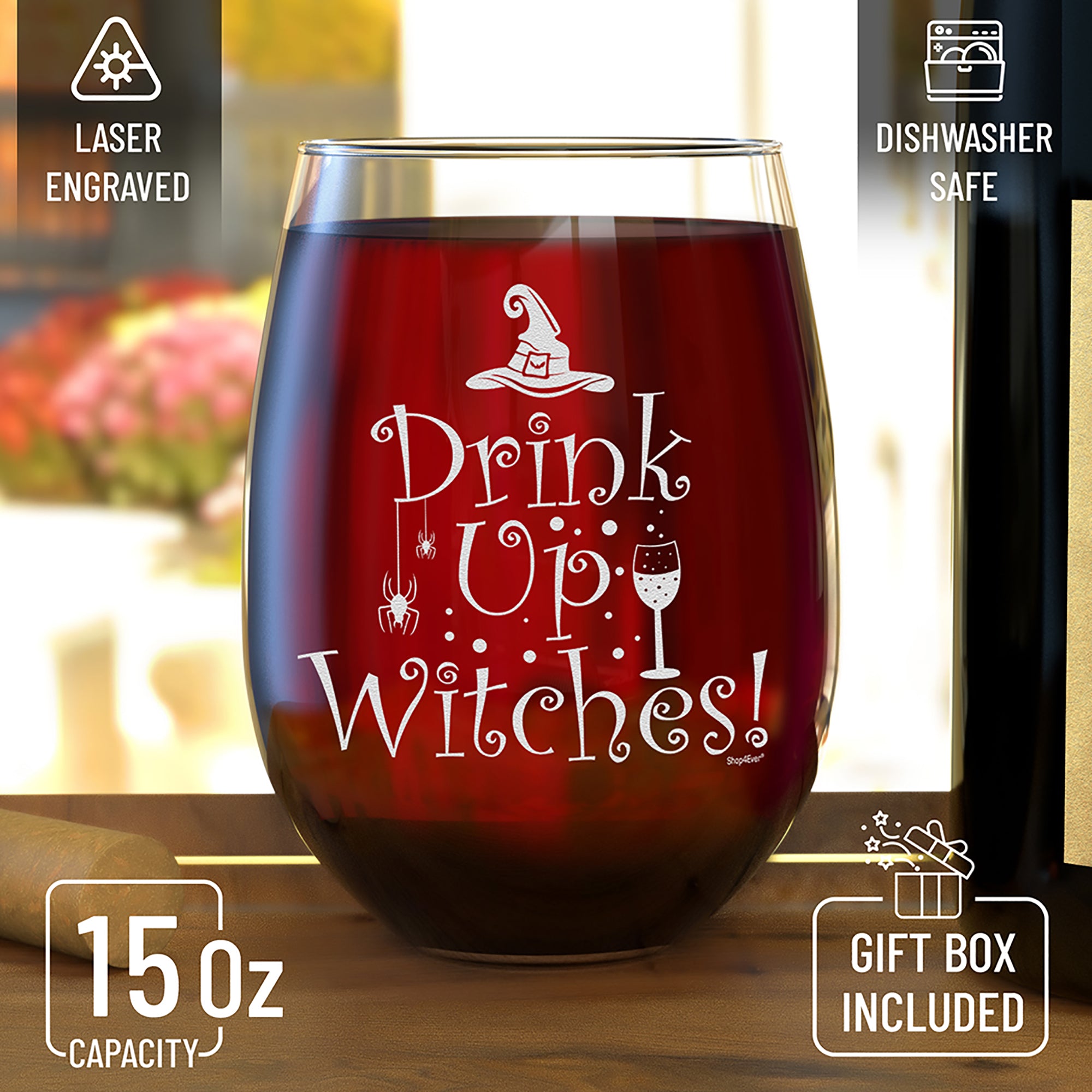 Drink Up Witches! Laser Engraved Funny Halloween Hocus Pocus Stemless Wine Glass