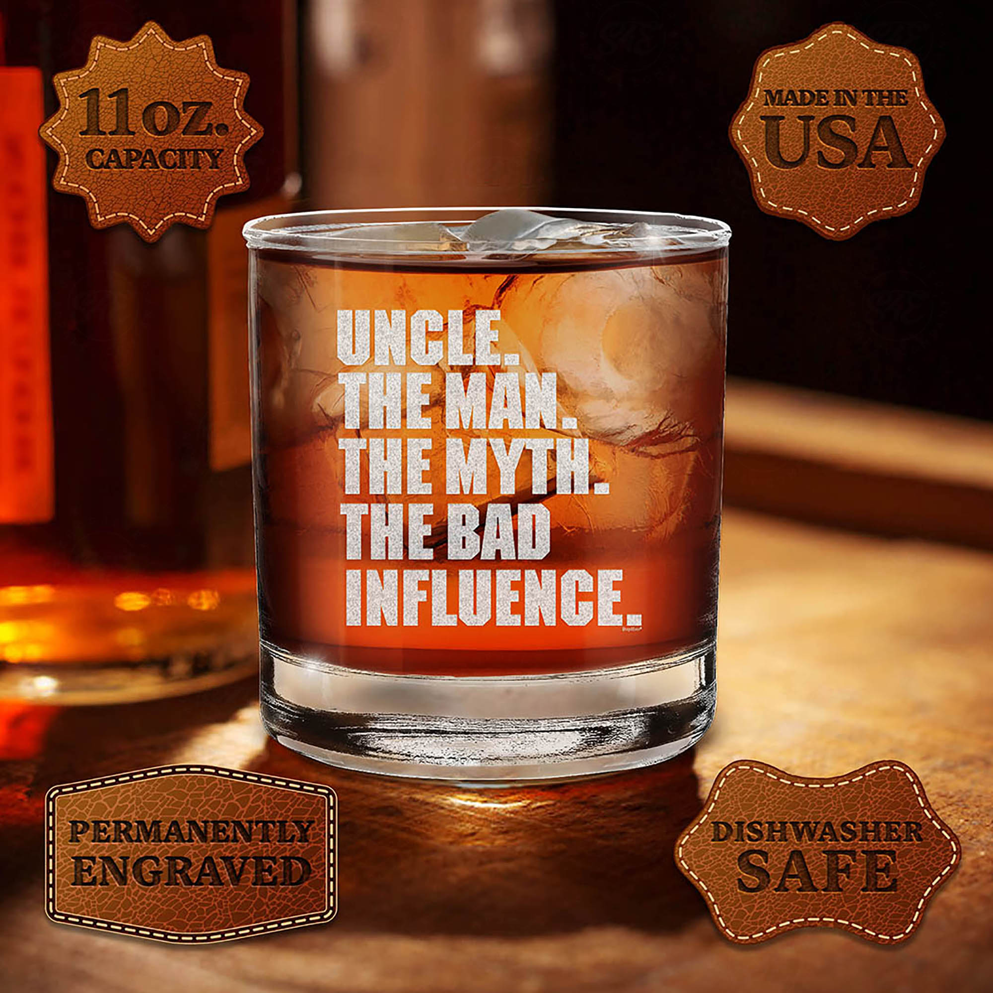 Uncle. The Man. The Myth. The Bad Influence. Engraved Whiskey Glass Uncle Birthday Gift