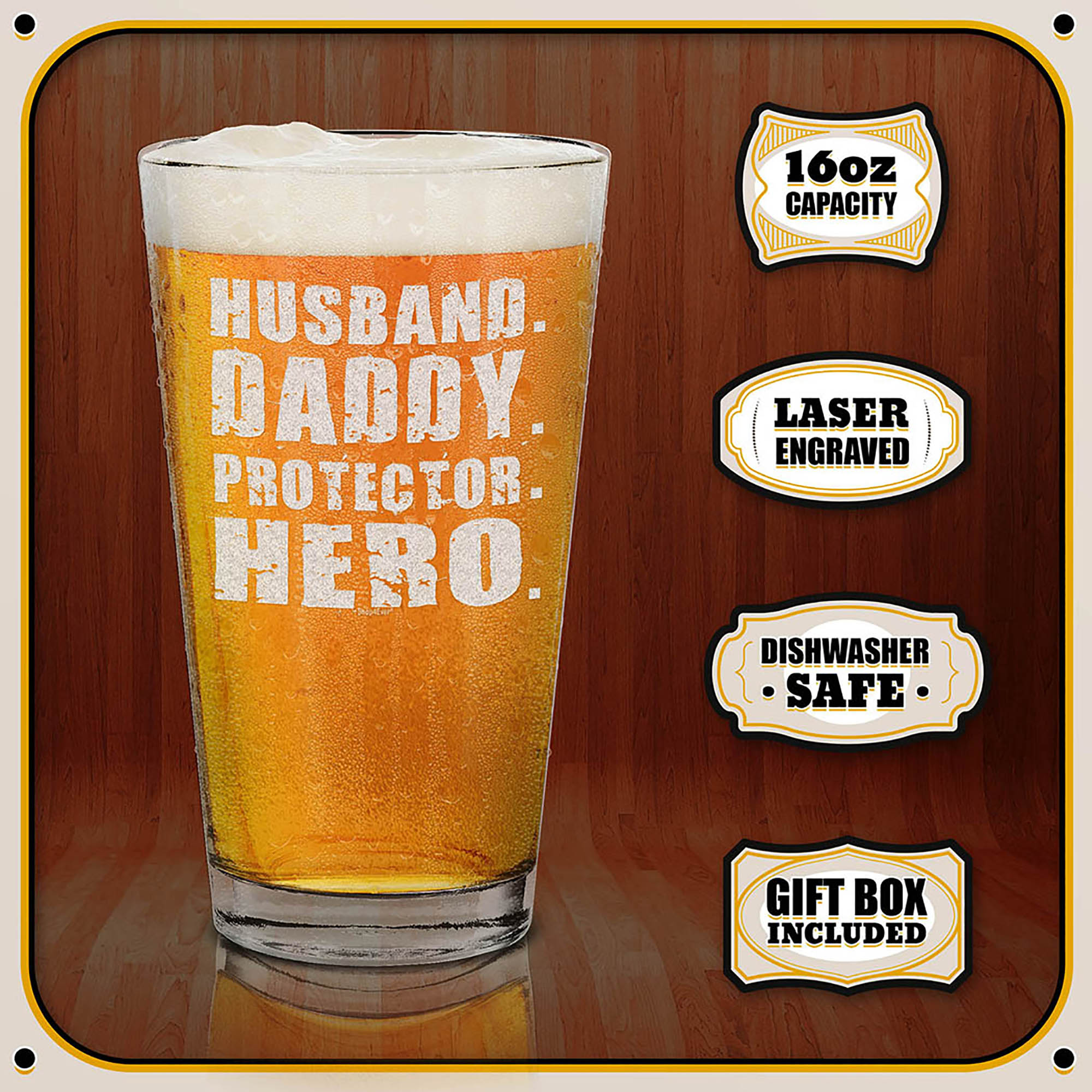 Husband Daddy Protector Hero Engraved Beer Pint Glass Gift for Husband Glass