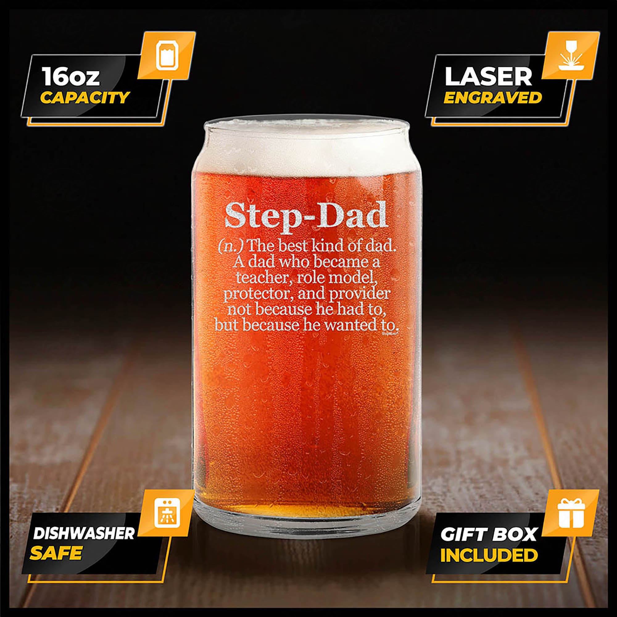Step-Dad Definition Engraved Beer Can Glass Father's Day Gift for Stepdad Bonus Dad