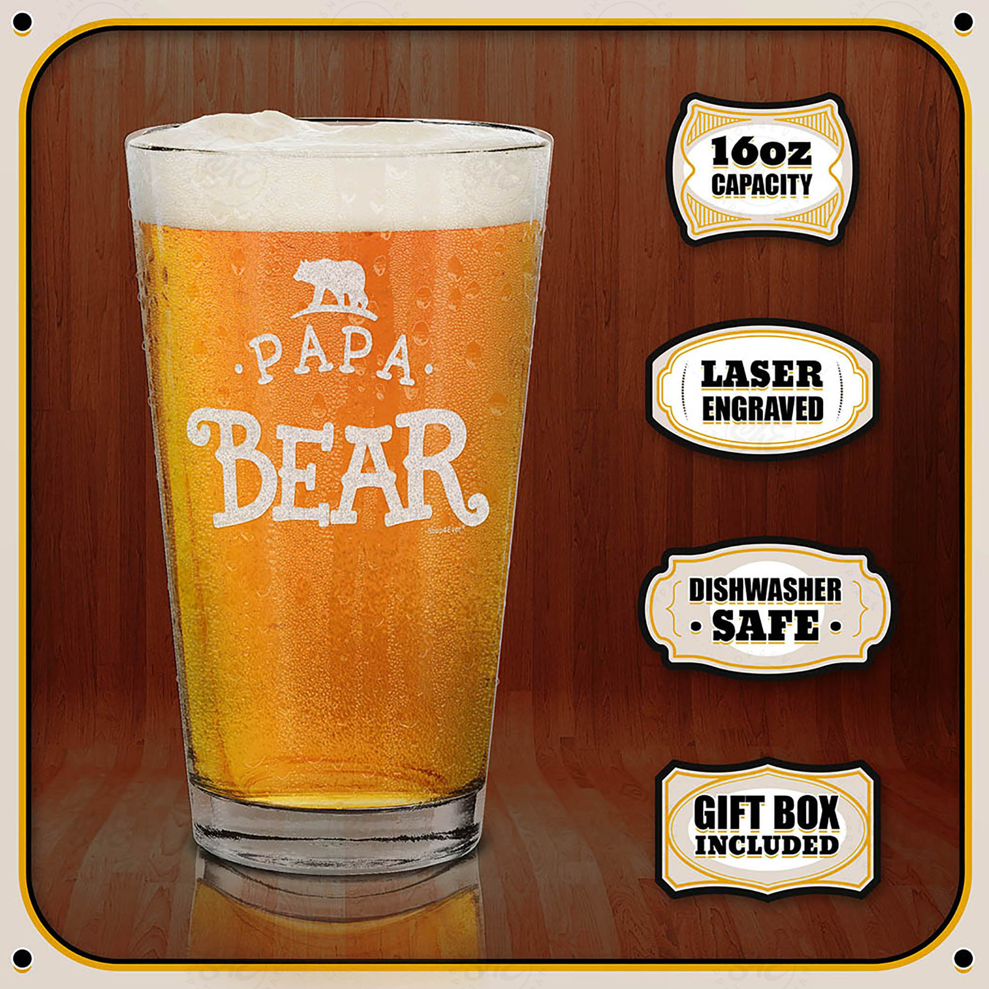 Papa Bear Laser Engraved Beer Pint Glass