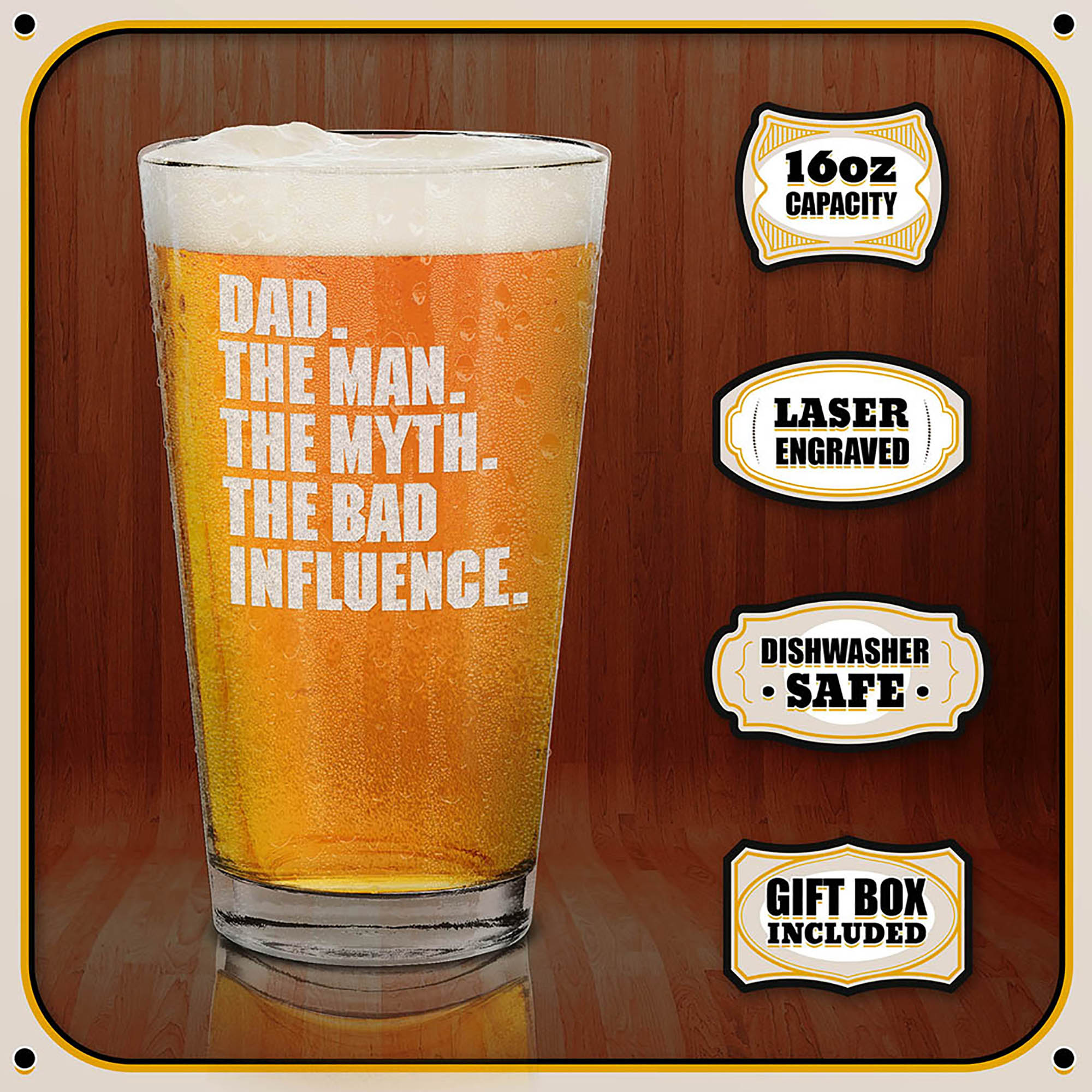 Dad. The Man. The Myth. The Bad Influence. Engraved Beer Pint Glass Funny Father's Day Gift Drinking Glass For Dad