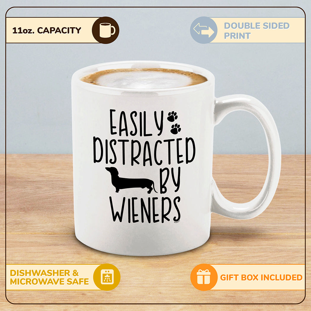 Easily Distracted By Ceramic Coffee Mug Funny Dachshund Weiner Dog Mom Gift