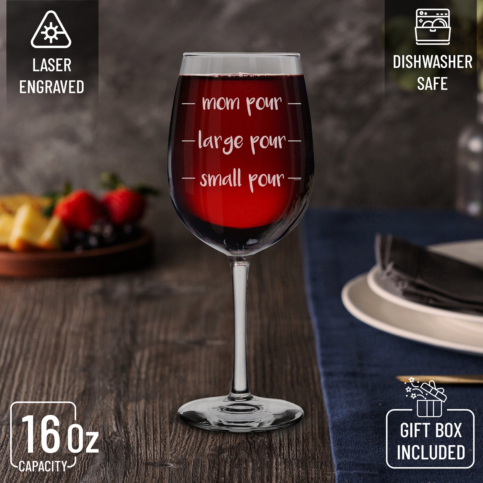 Mom Pour Large Pour Small Pour Engraved Stemmed Wine Glass Funny New Mom Gift (16 oz.)