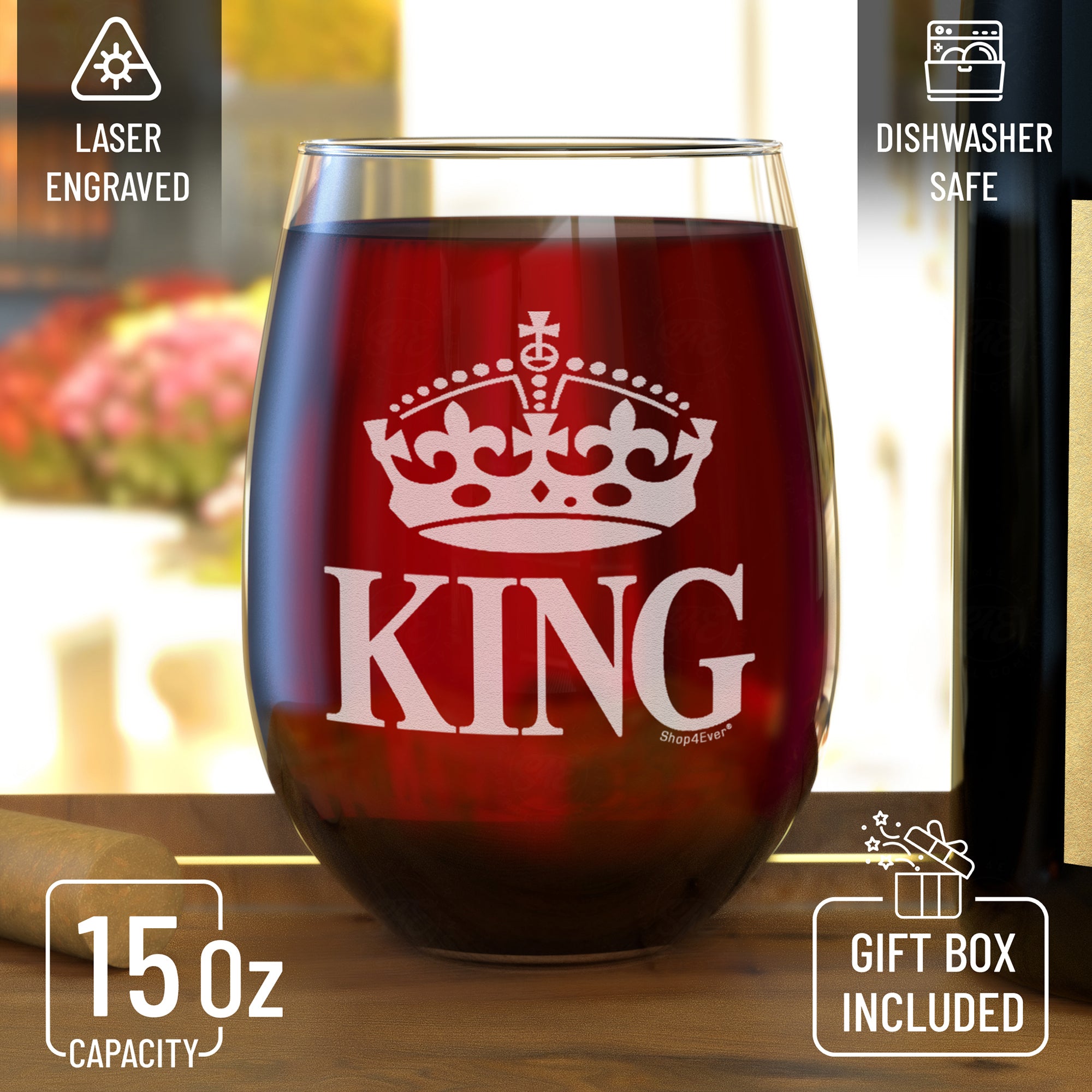 Crown King Laser Engraved Stemless Wine Glass Anniversary Wedding Gift for Boyfriend Husband