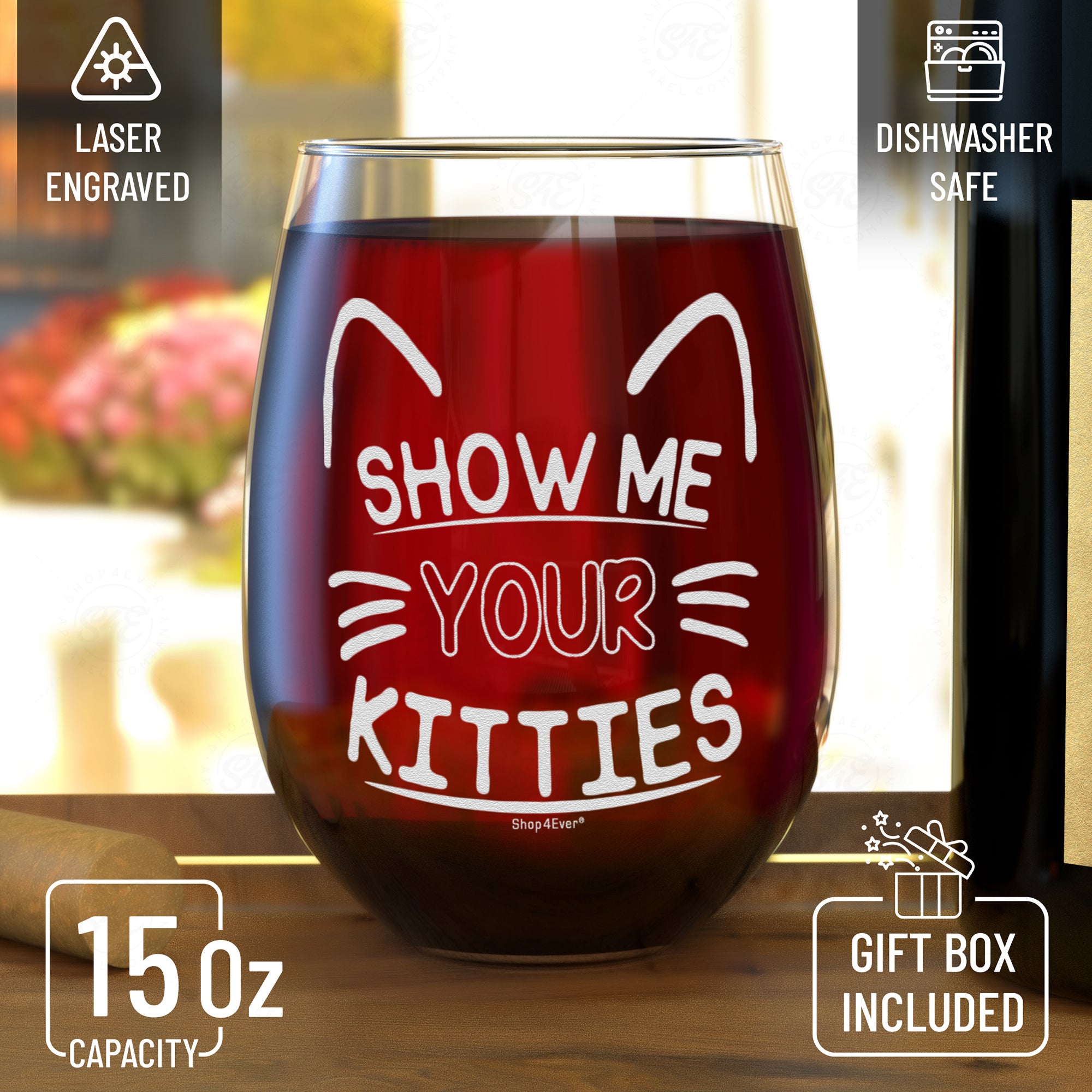 Show Me Your Kitties Laser Engraved Stemless Wine Glass