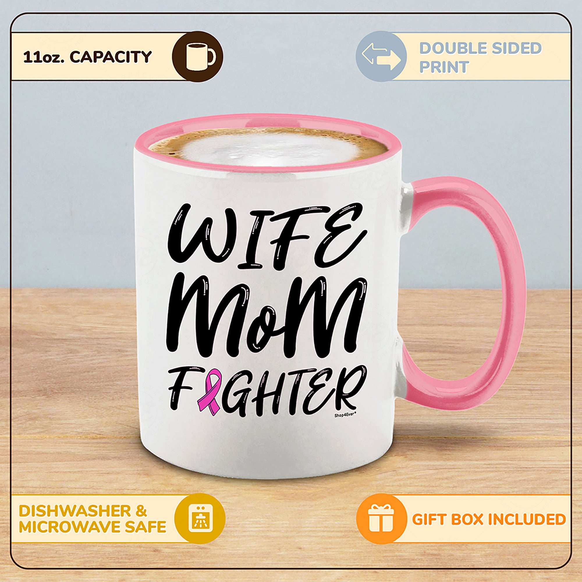 Wife Mom Fighter Pink Handle Ceramic Coffee Mug Tea Cup Pink Ribbon Breast Cancer Survivor Awareness