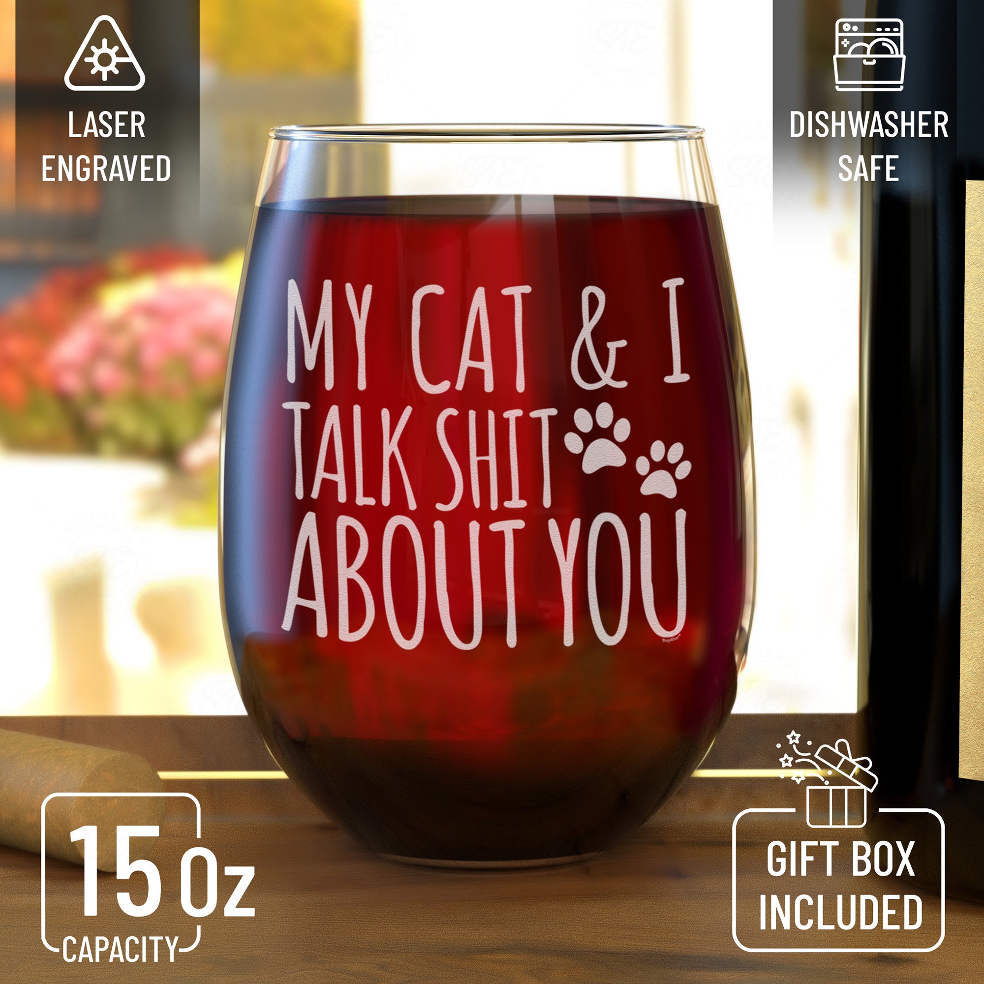 My Cat & I Talk About You Engraved Stemless Wine Glass Funny Cat Mom Gift
