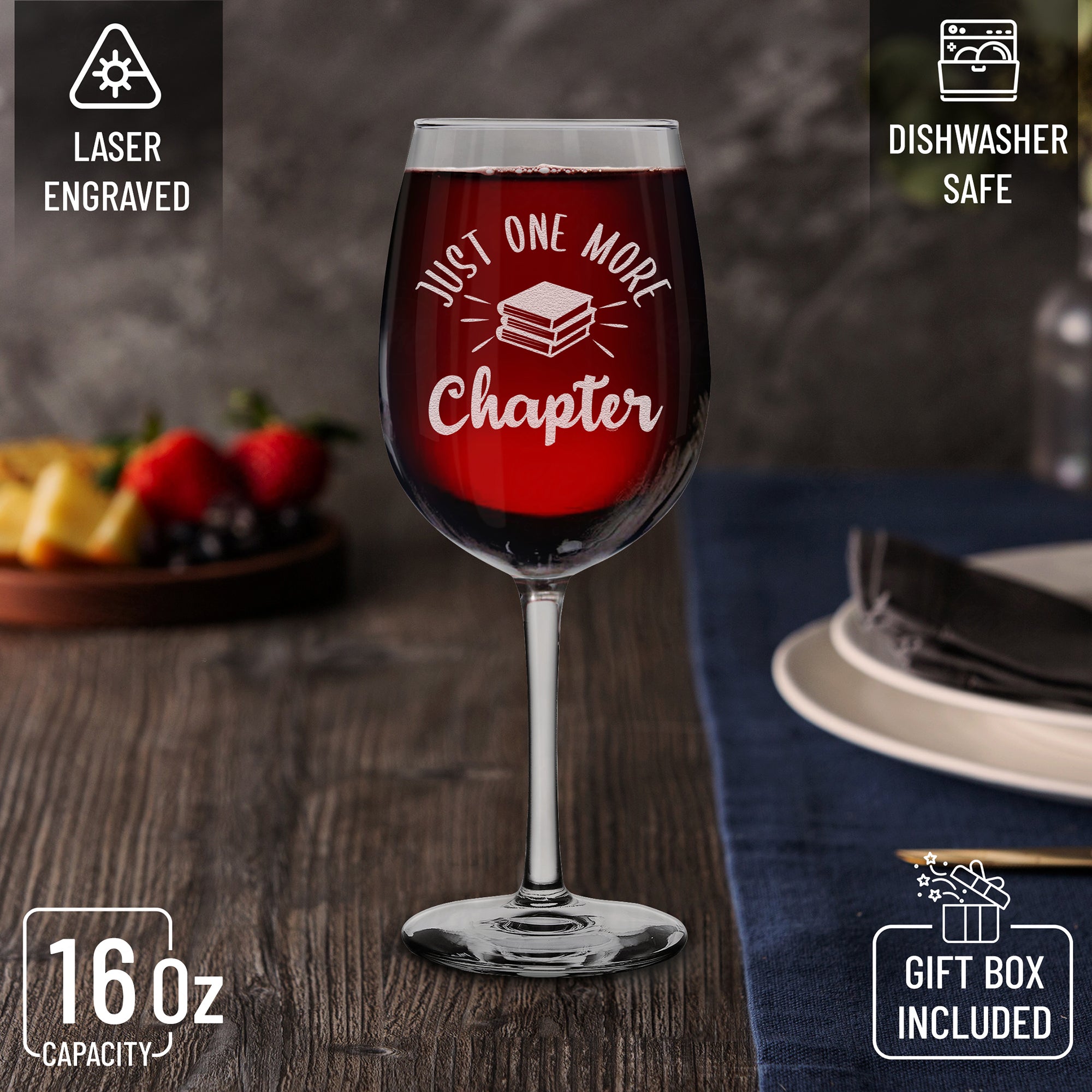 Funny Reading Wine Glass Just One More Chapter Engraved Stemmed Wine Glass Gift for Book Worm Reader Teacher Librarian (16 oz.)