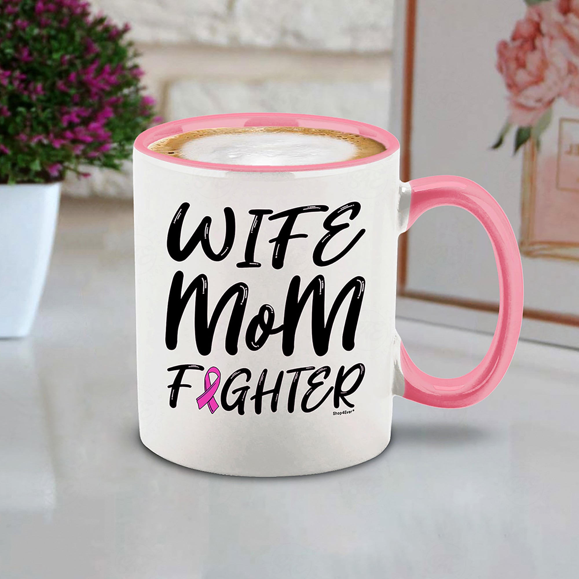 Wife Mom Fighter Pink Handle Ceramic Coffee Mug Tea Cup Pink Ribbon Breast Cancer Survivor Awareness