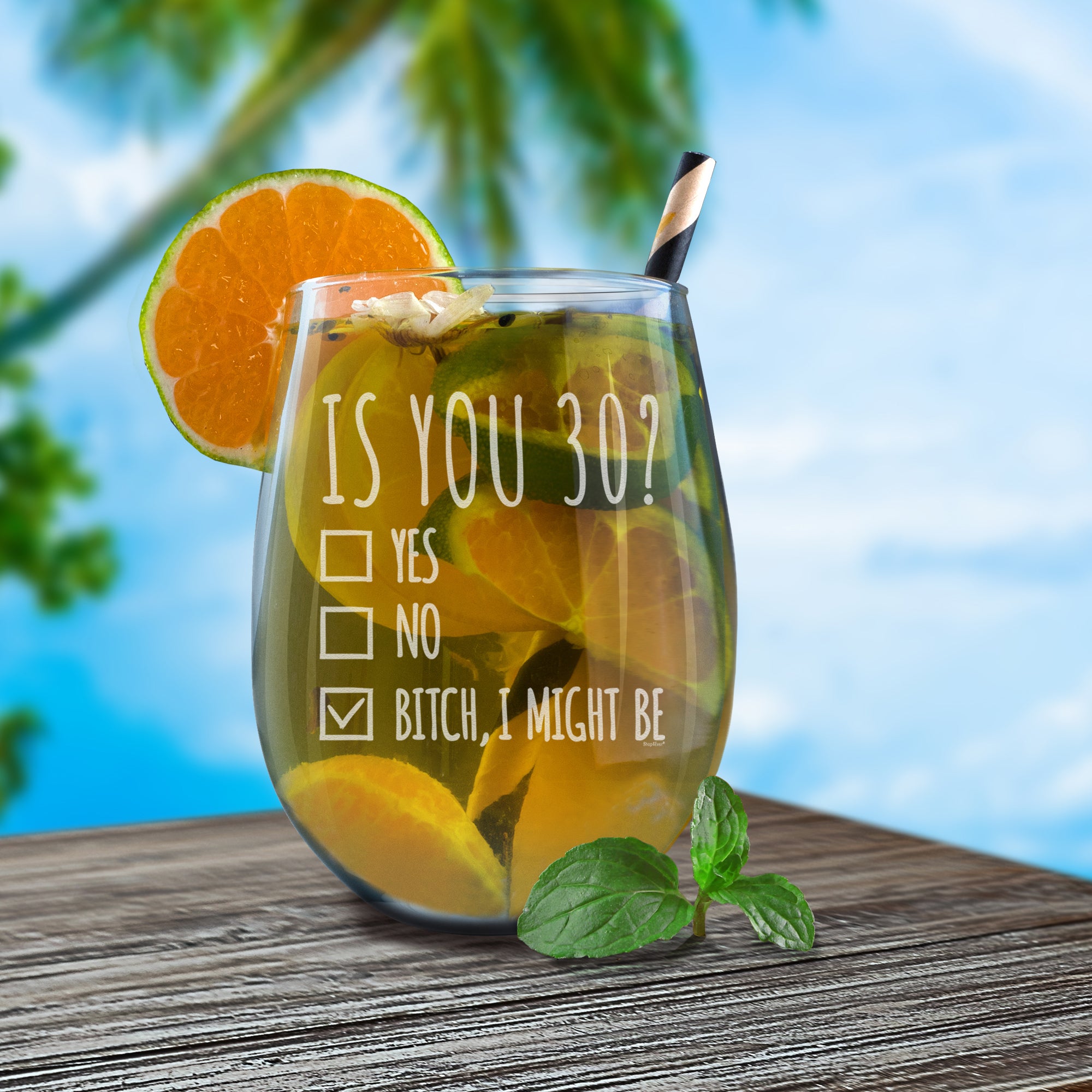 30th Birthday Wine Glass Gift for Women Is You 30? Yes No Engraved Stemless Wine Glass