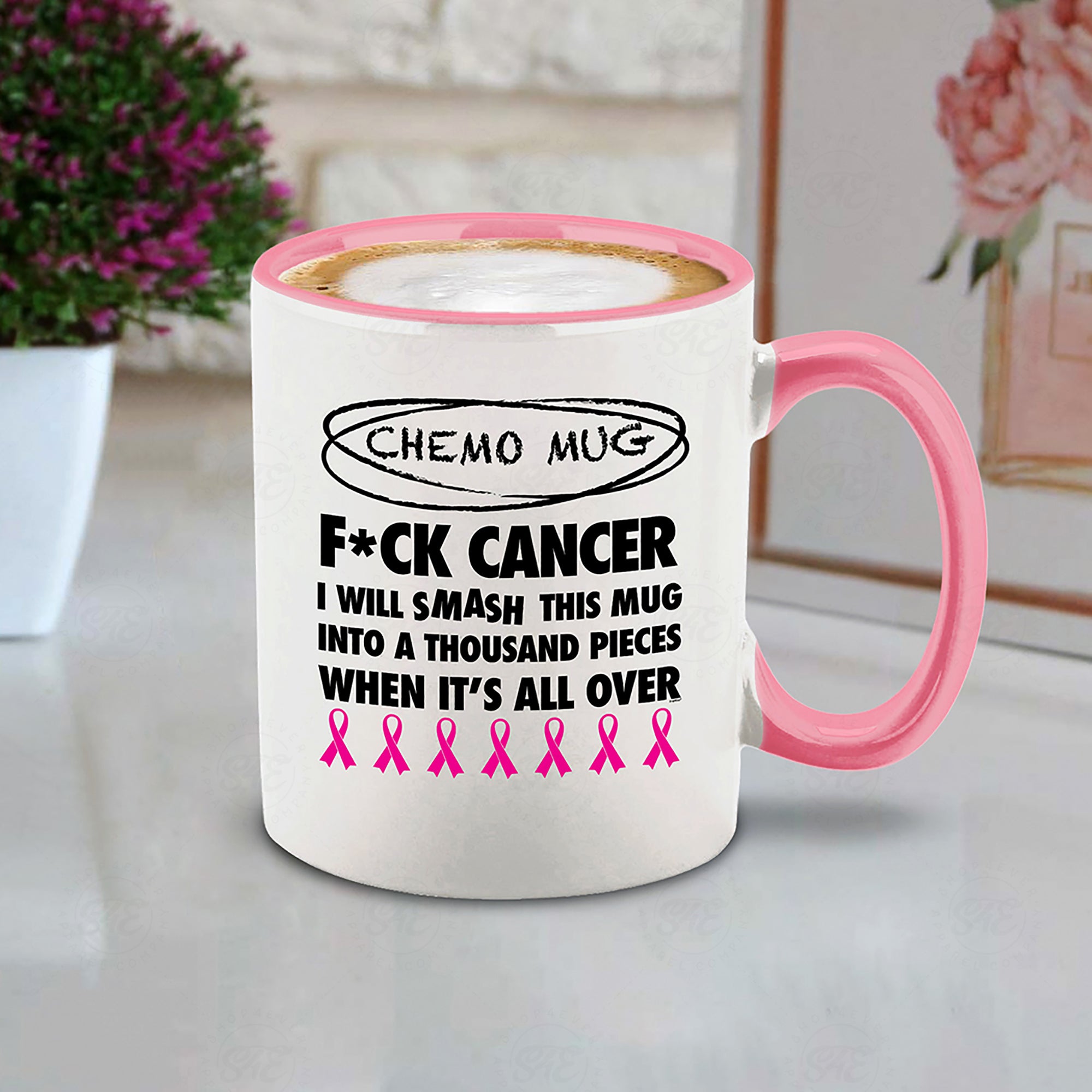 Chemo Mug I Will Smash This Mug Into a Thousand Pieces When It's All Over Ceramic Coffee Mug (Pink Handle, 11 oz.)