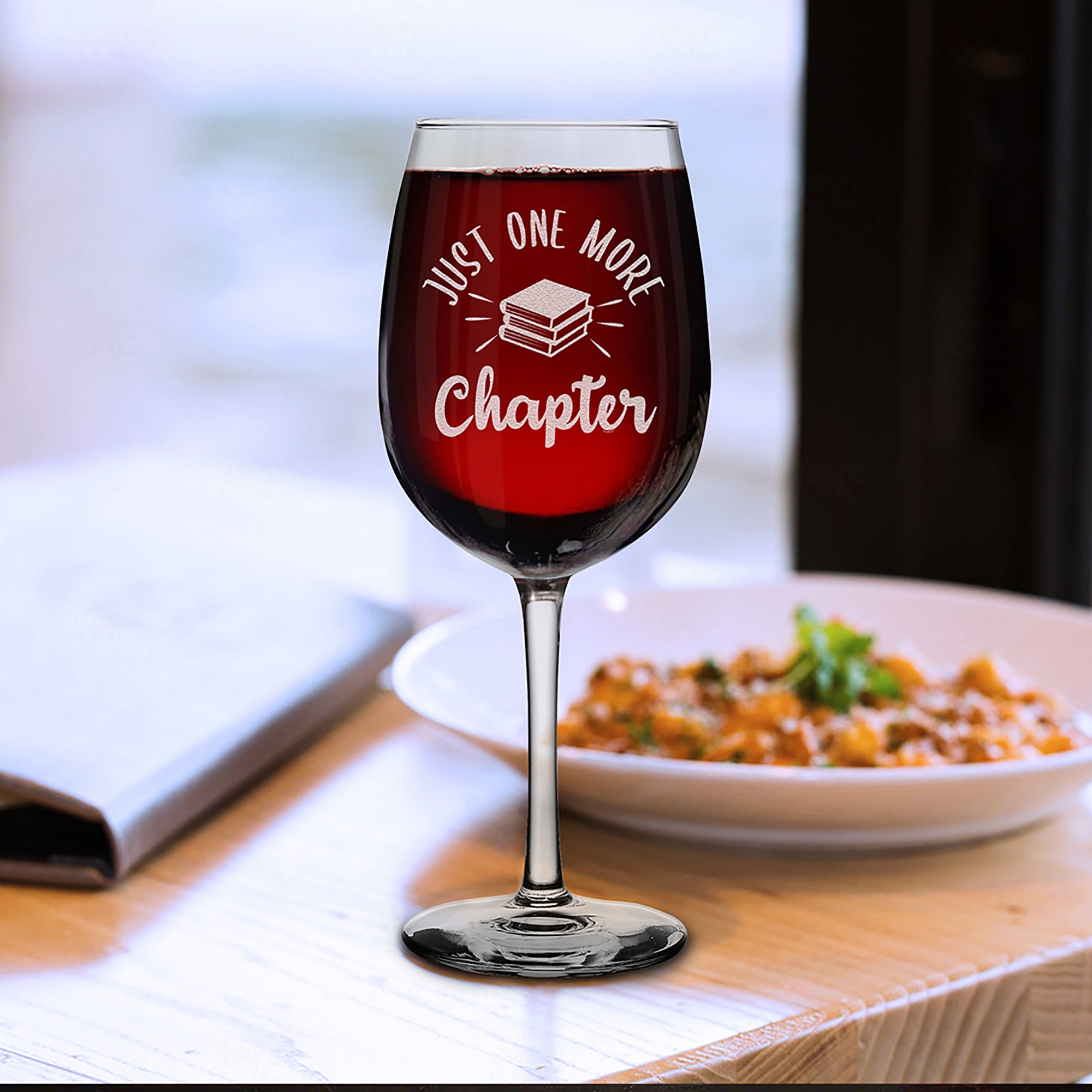 Funny Reading Wine Glass Just One More Chapter Engraved Stemmed Wine Glass Gift for Book Worm Reader Teacher Librarian (16 oz.)