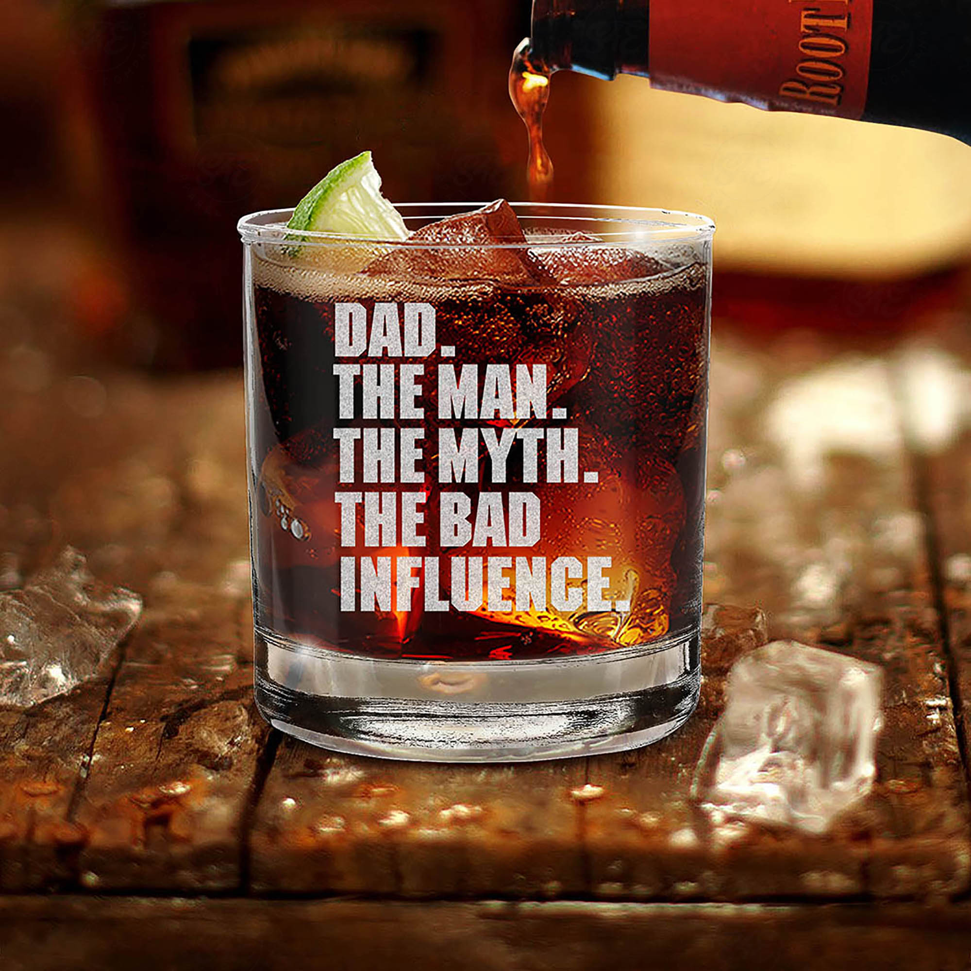 Dad. The Man. The Myth. The Bad Influence. Engraved Whiskey Glass Funny Father's Day Gift Glass For Dad Promoted to Daddy New Dad