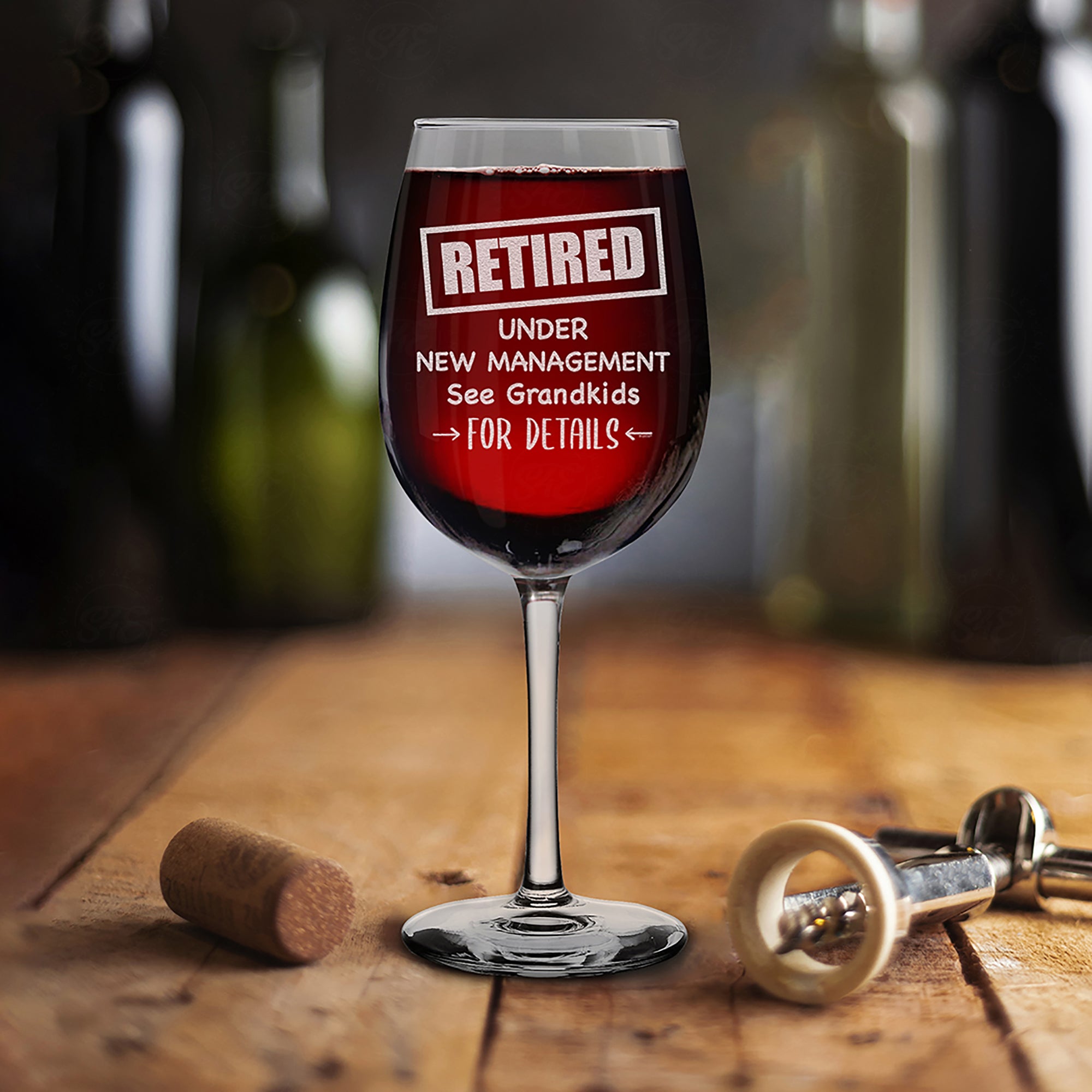 Retired Under New Management See Grandkids For Details Engraved Stemmed Wine Glass Funny Retirement Gift for Grandma Grandpa (16 oz.)