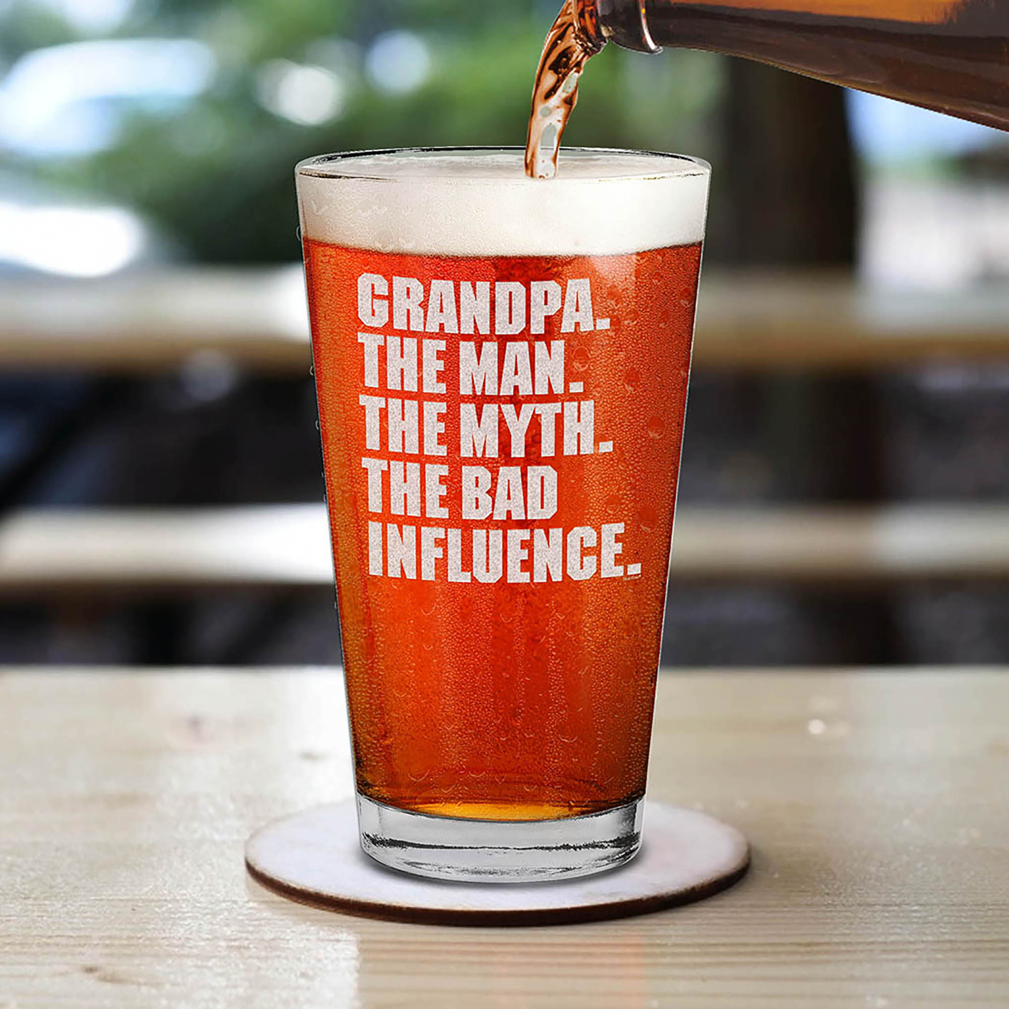 Grandpa. The Man. The Myth. The Bad Influence. Engraved Beer Pint Glass Grandpa Drinking Glass