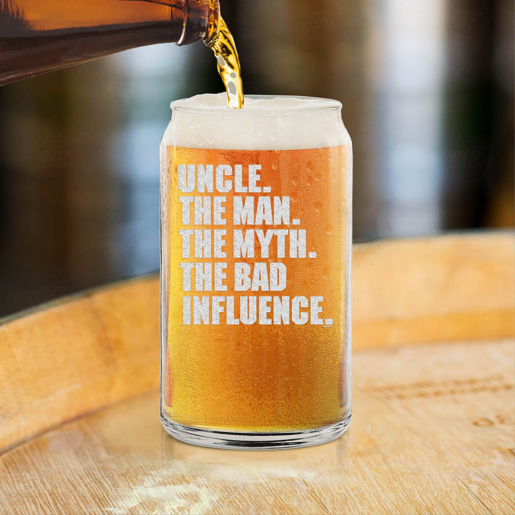 Uncle. The Man. The Myth. The Bad Influence. Engraved Beer Can Glass Funny Uncle Glass Gift