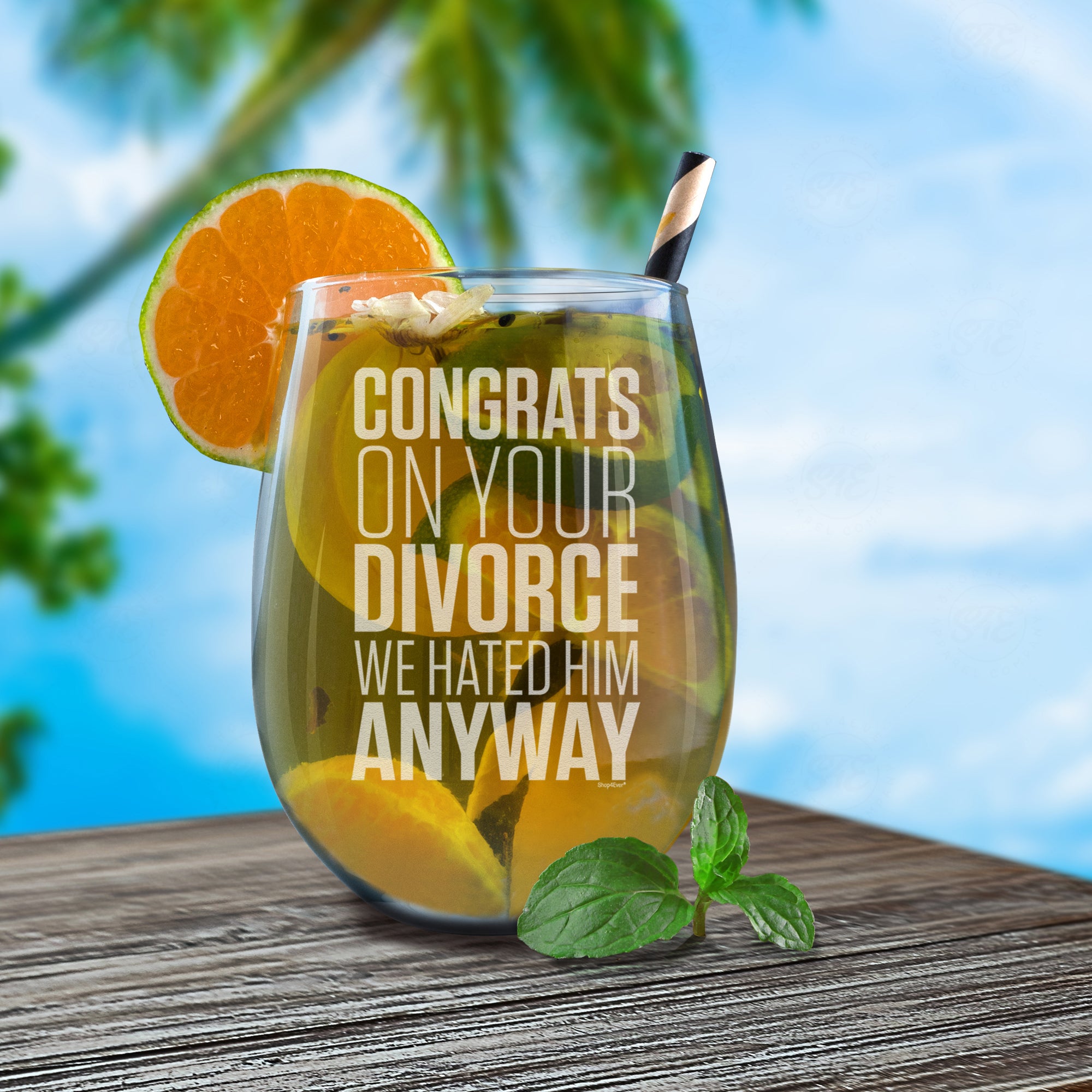 Congrats On Your Divorce We Hated Him Anyway Engraved Stemless Wine Glass Funny Divorce Gift
