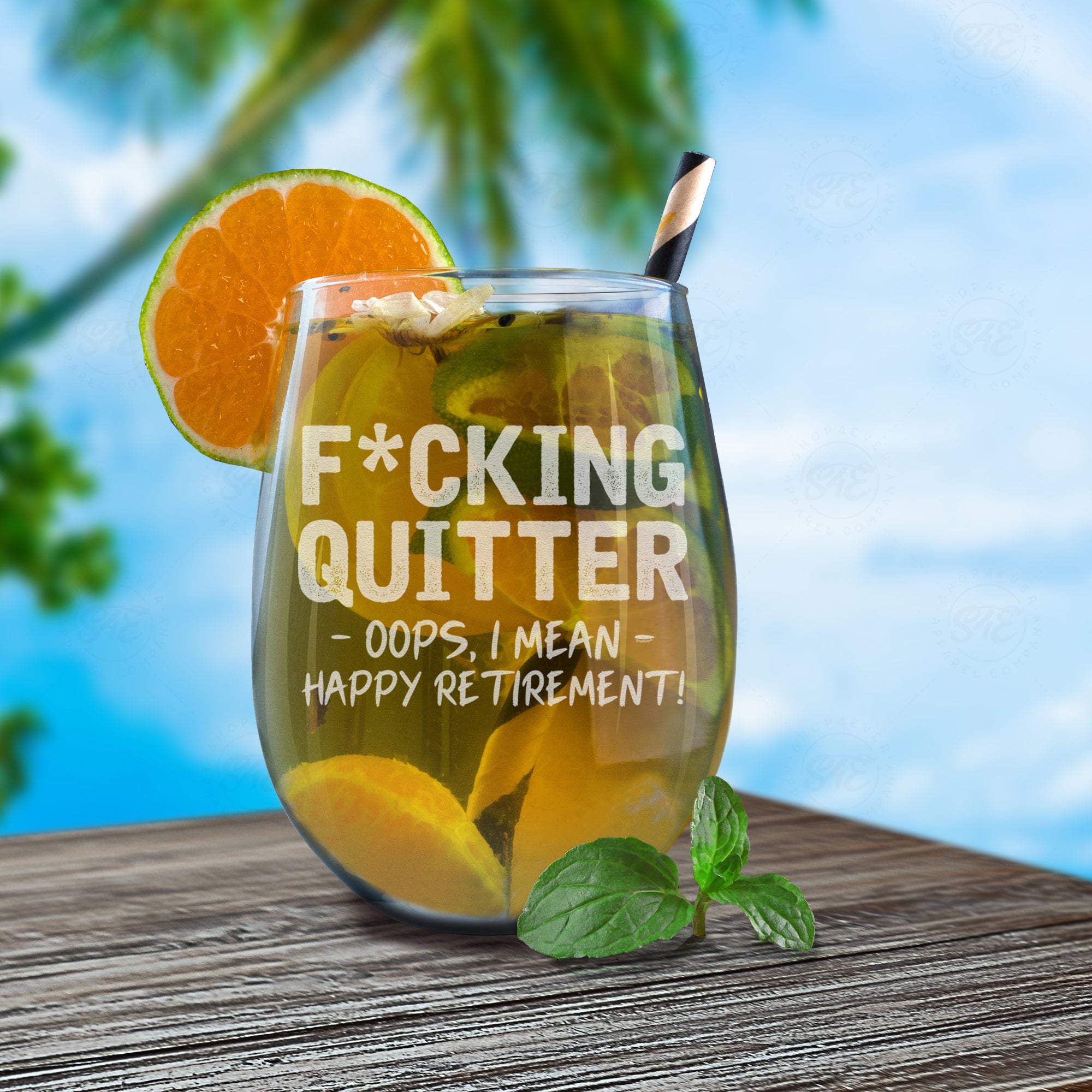 Quitter Oops, I Mean Happy Retirement! Engraved Stemless Wine Glass Funny Retirement Glass