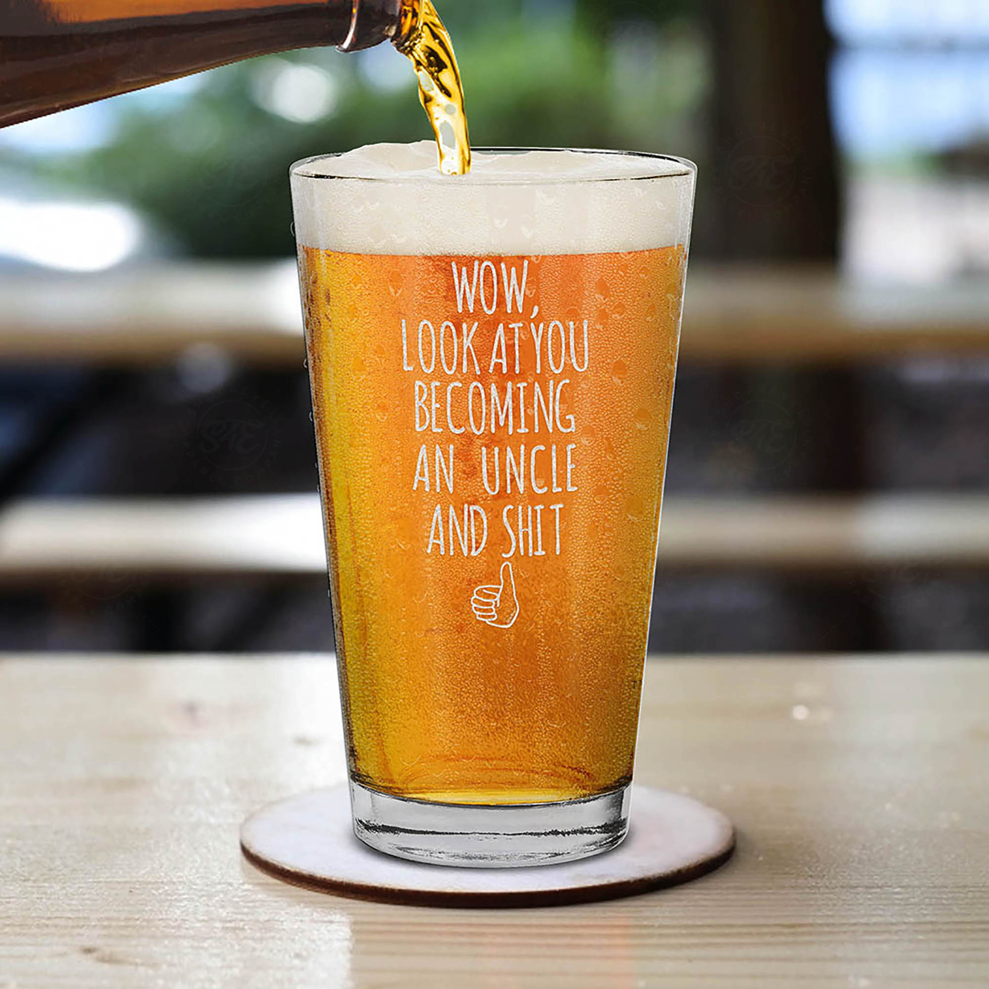 Wow, Look At You Becoming An Uncle Engraved Beer Pint Glass Pregnancy Announcement Uncle Gift (Uncle)