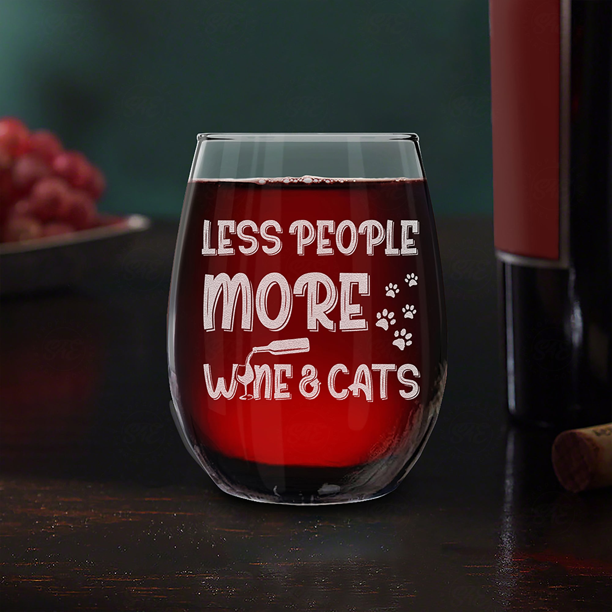 Less People More Wine & Cats Engraved Stemless Wine Glass Funny Gift For Cat Mom Cat Lover