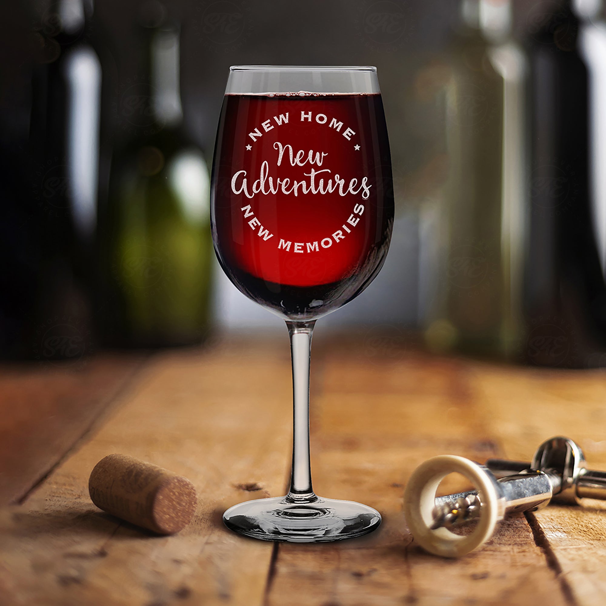 New Home New Adventures New Memories Engraved Stemmed Wine Glass Housewarming Gift for New Homeowners (16 oz.)