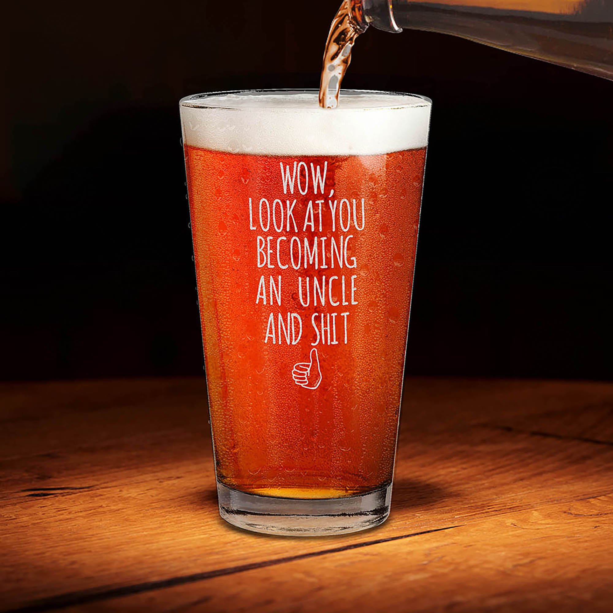 Wow, Look At You Becoming An Uncle Engraved Beer Pint Glass Pregnancy Announcement Uncle Gift (Uncle)